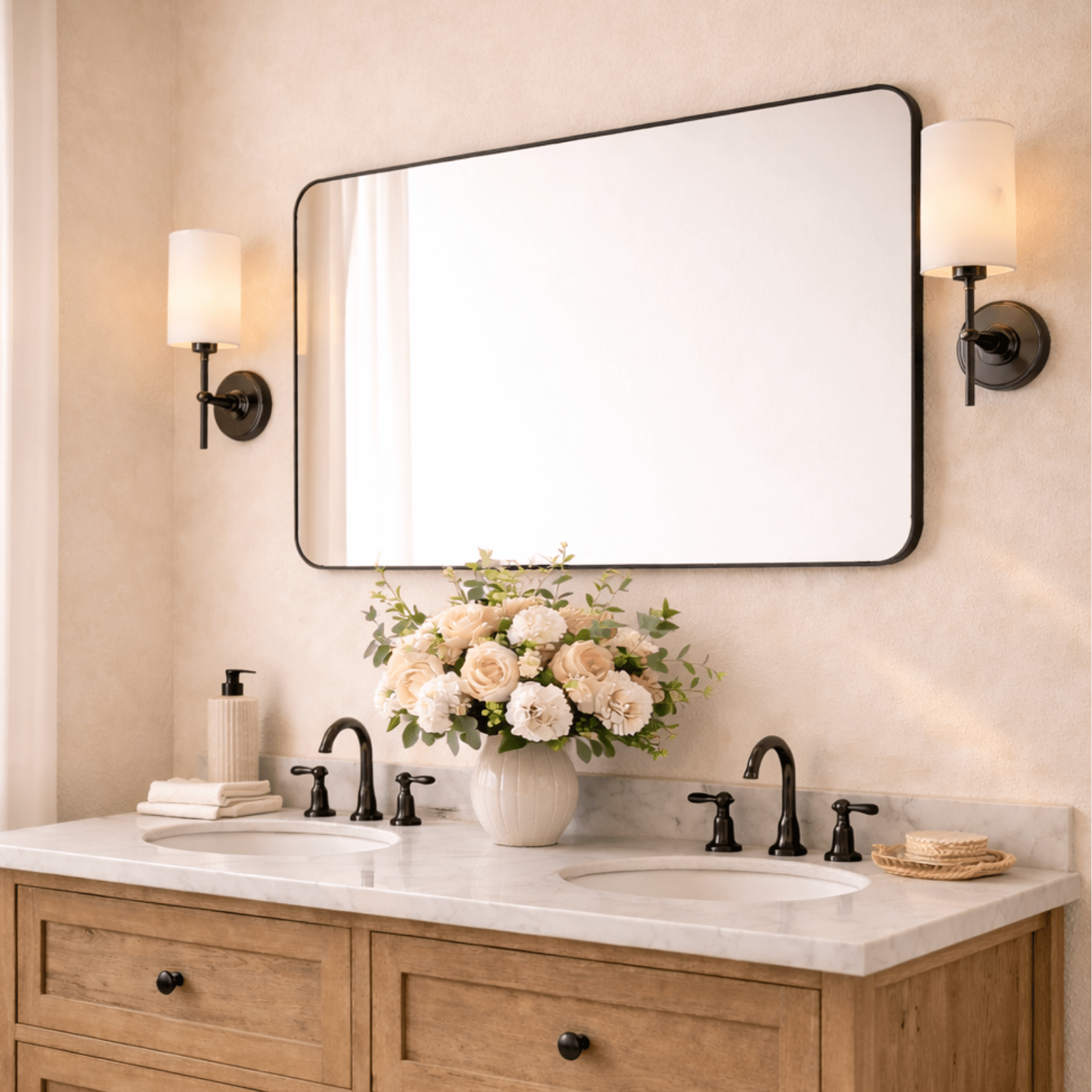 Josilyn Mid - Century Rectangle Wall Mirrors with Rounded Corners GC-0Y010 Brushed Gold 22x30" TEHOME