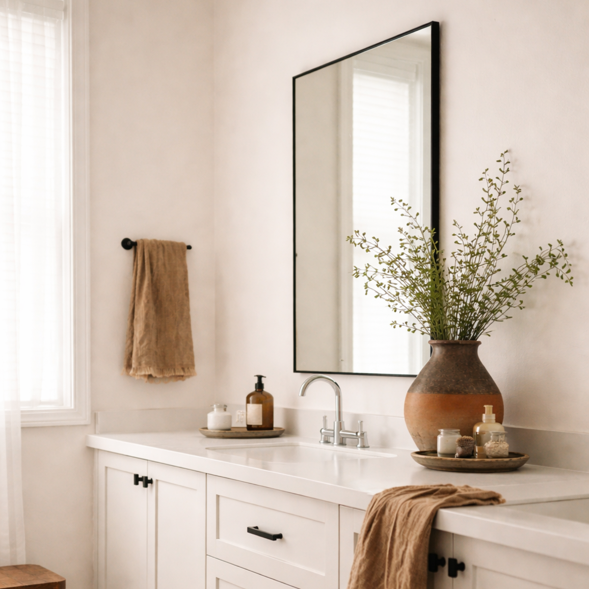 Kessie modern black rectangle bathroom mirror, side view | TEHOME