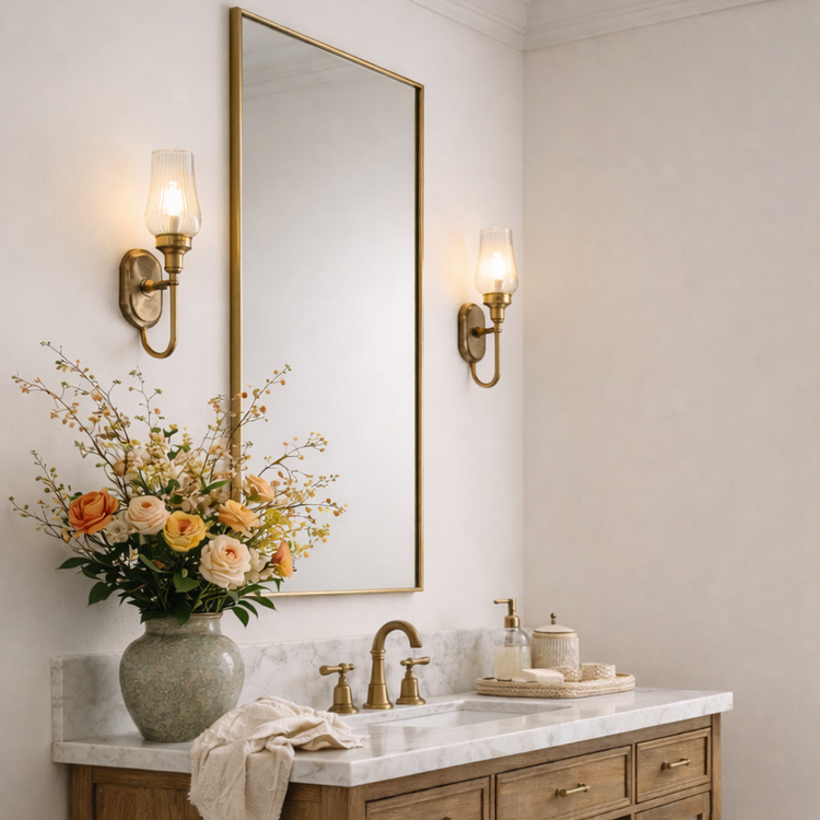 TEHOME Kessie brushed gold modern rectangle bathroom mirror, side view
