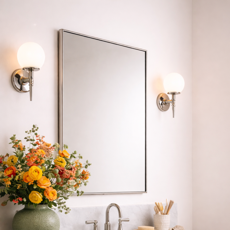 TEHOME Kessie chrome modern rectangle bathroom mirror, side view