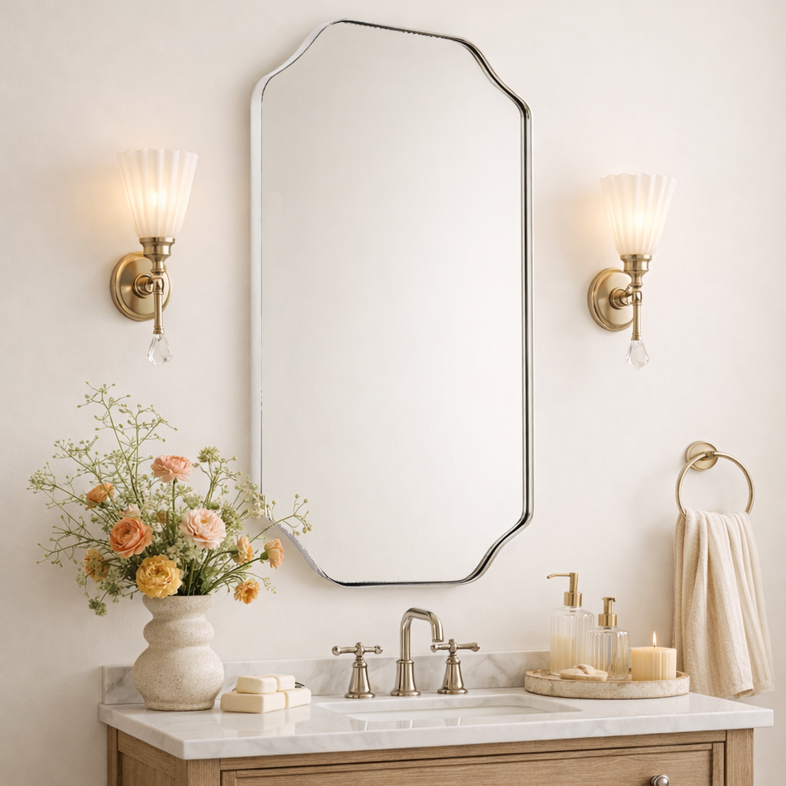TEHOME Kudi chrome modern scalloped bathroom wall mirror, side view
