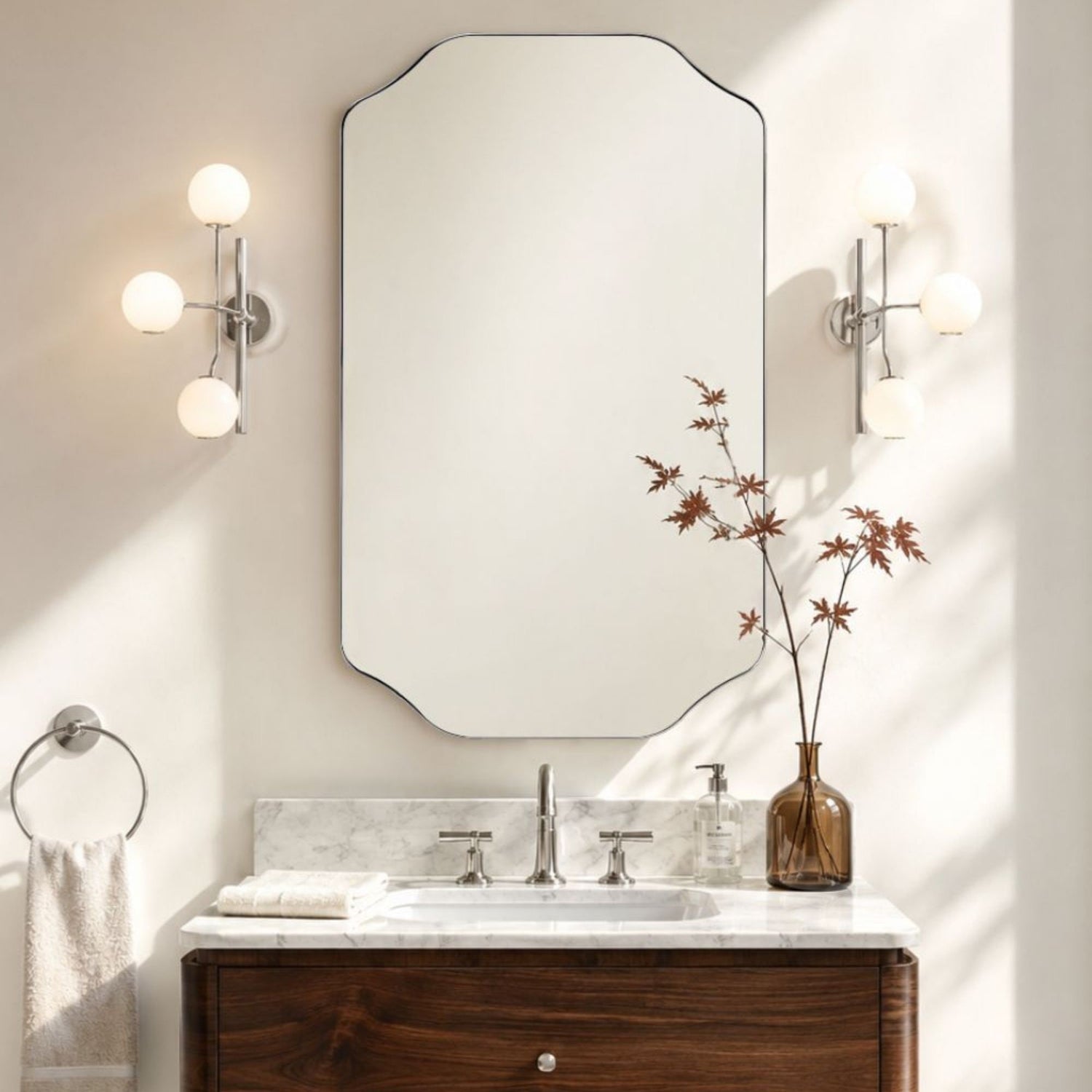 TEHOME Kudi Modern Scalloped Wall Mirrors Metal Framed in Polished Nickel finish,20x30'',Front View