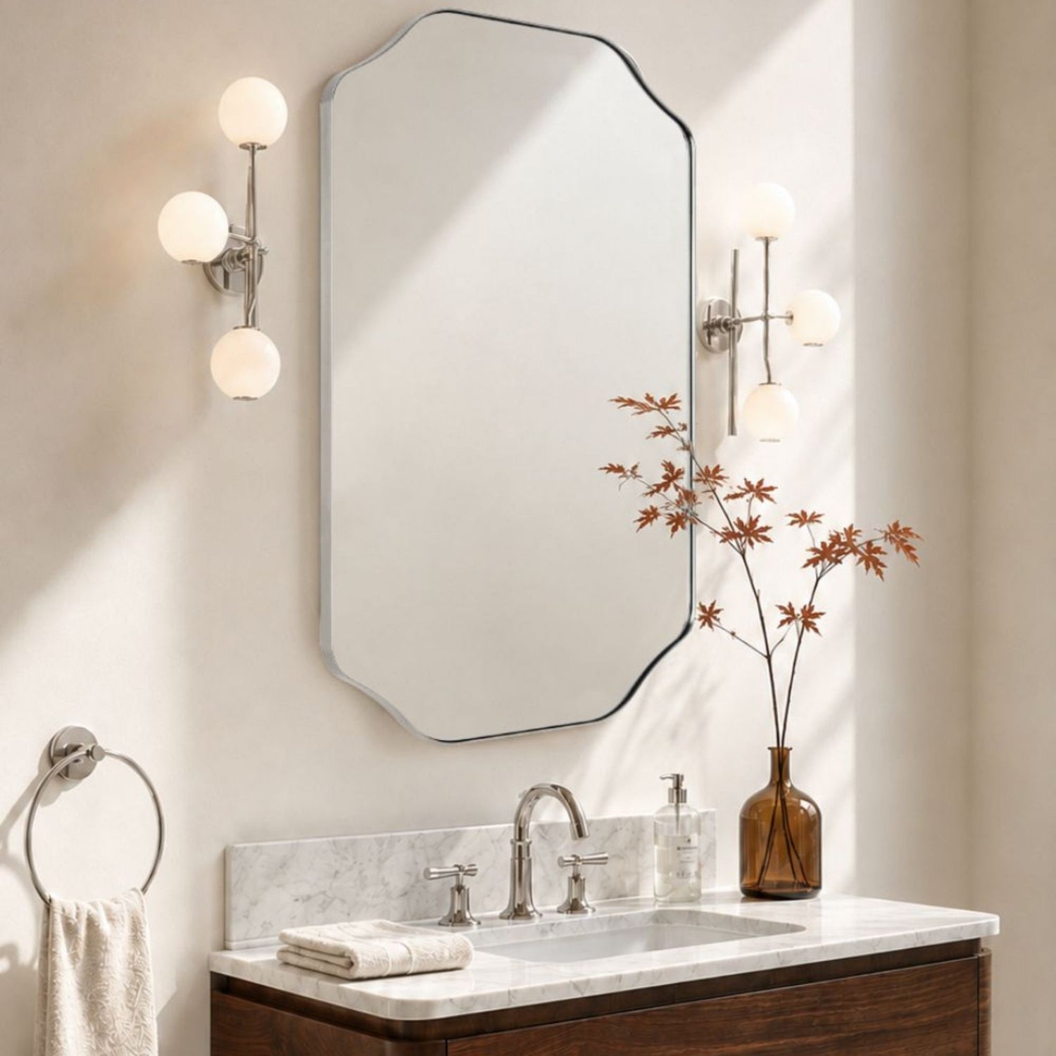 TEHOME Kudi Modern Scalloped Wall Mirrors Metal Framed in Polished Nickel finish,20x30''
