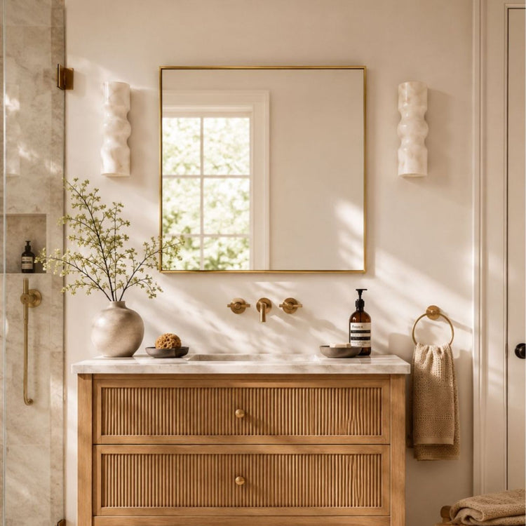 TEHOME Lilan Modern Small Square Bathroom Mirror with Metal Frame in Brushed Gold Finish, 24'' x 24'', Single Vanity Front View