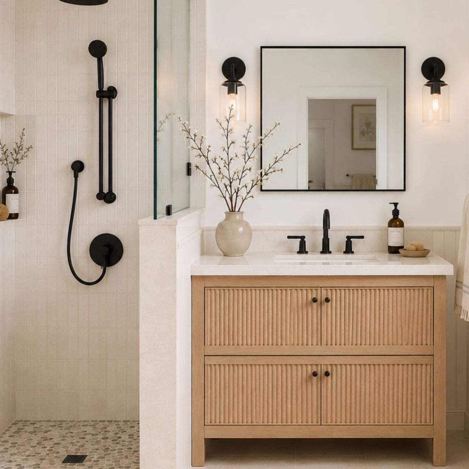 TEHOME Lilan Modern Small Square Bathroom Mirror with Metal Frame in Matt Black Finish, 24'' x 24'', Single Vanity Front View