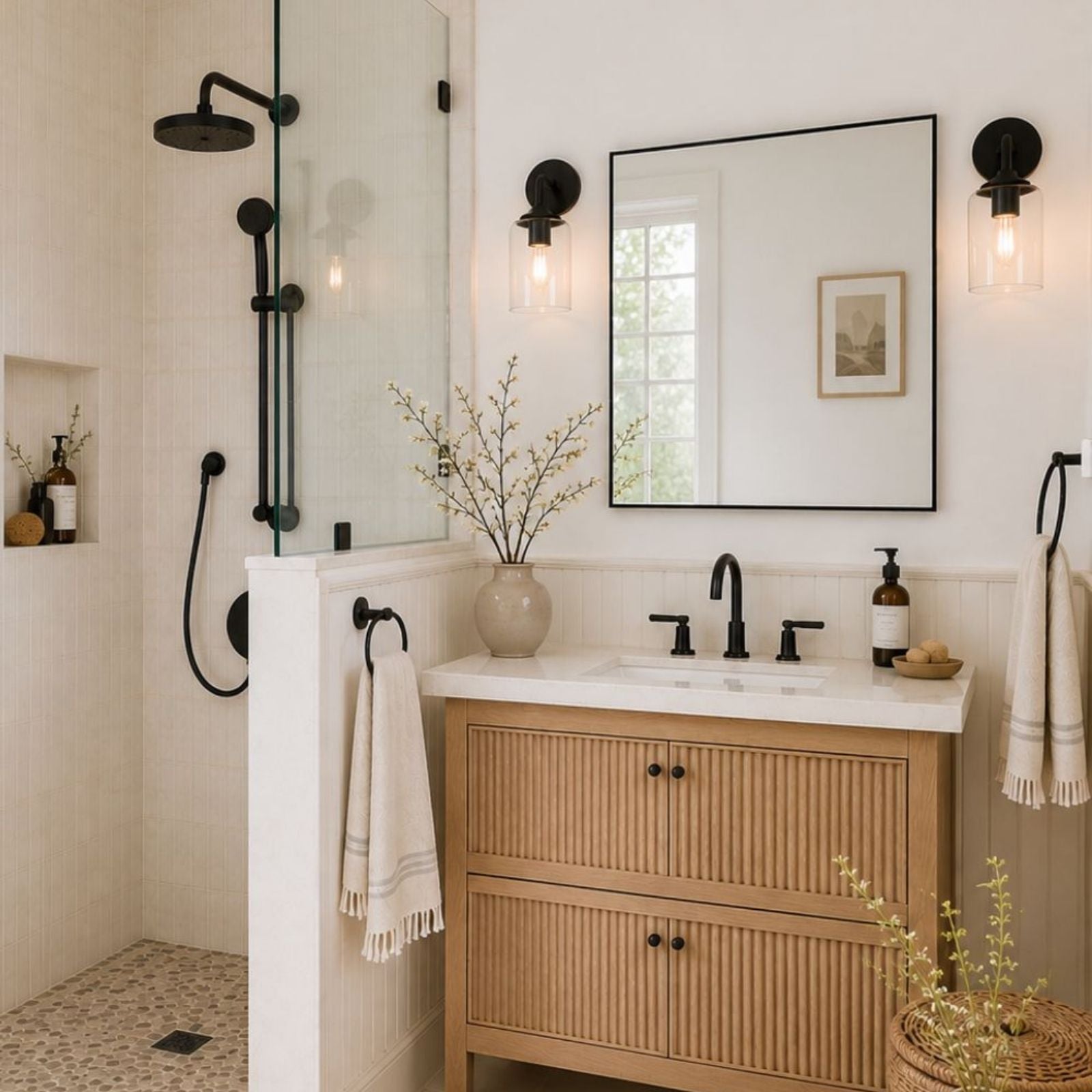 TEHOME Lilan Modern Small Square Bathroom Mirror with Metal Frame in Matt Black Finish, 24'' x 24'', Single Vanity Side View