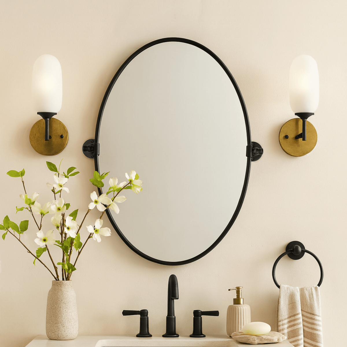Luecinda Farmhouse Oval Bathroom Pivot Mirrors GC-00318 Black 19x24" TEHOME