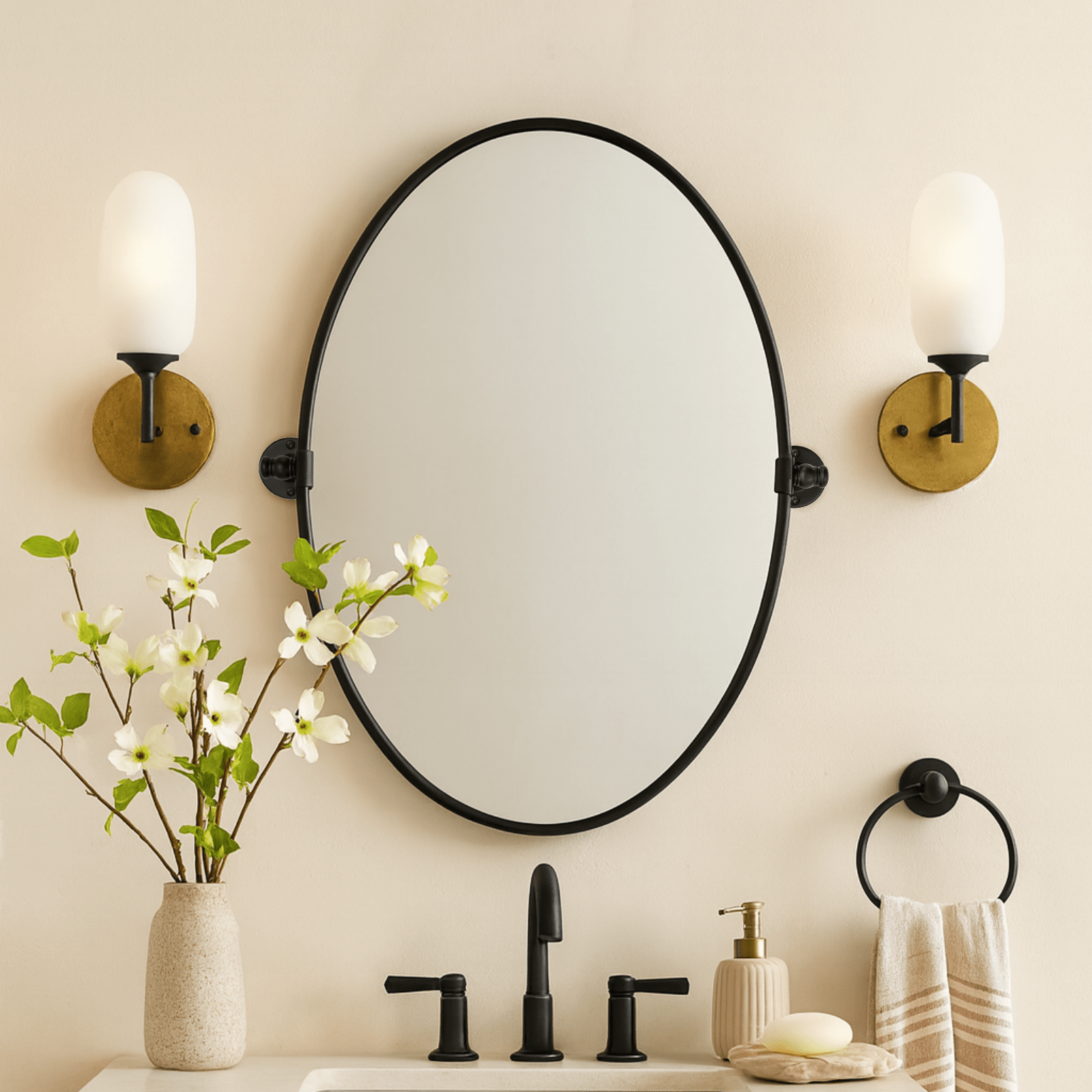 Luecinda Farmhouse Oval Bathroom Pivot Mirrors GC-00318 Brushed Gold 19x24" TEHOME
