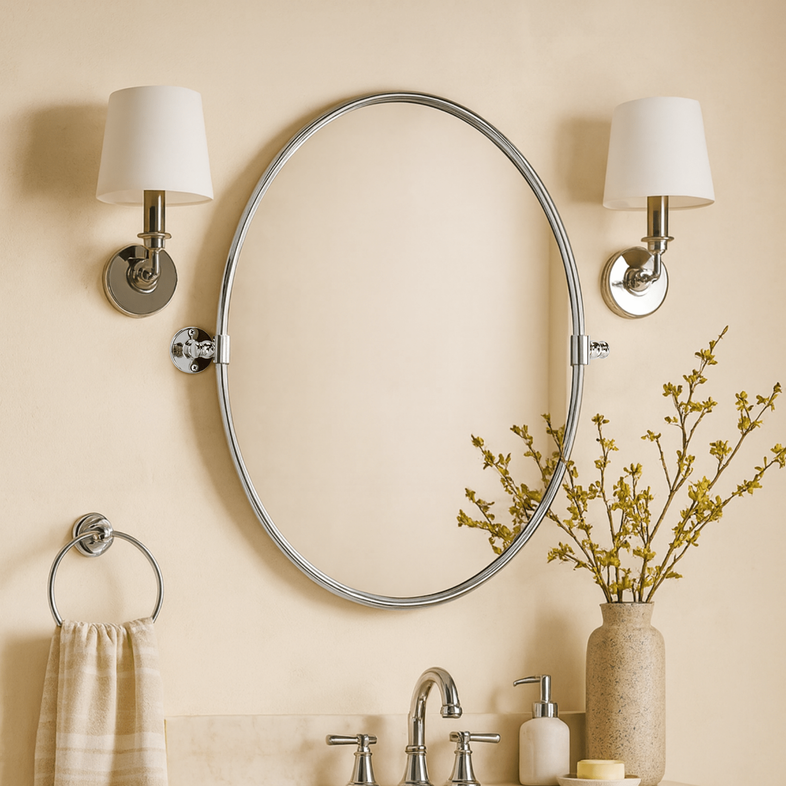 Luecinda Farmhouse Oval Bathroom Pivot Mirrors GC-00317 Brushed Nickel 19x24" TEHOME