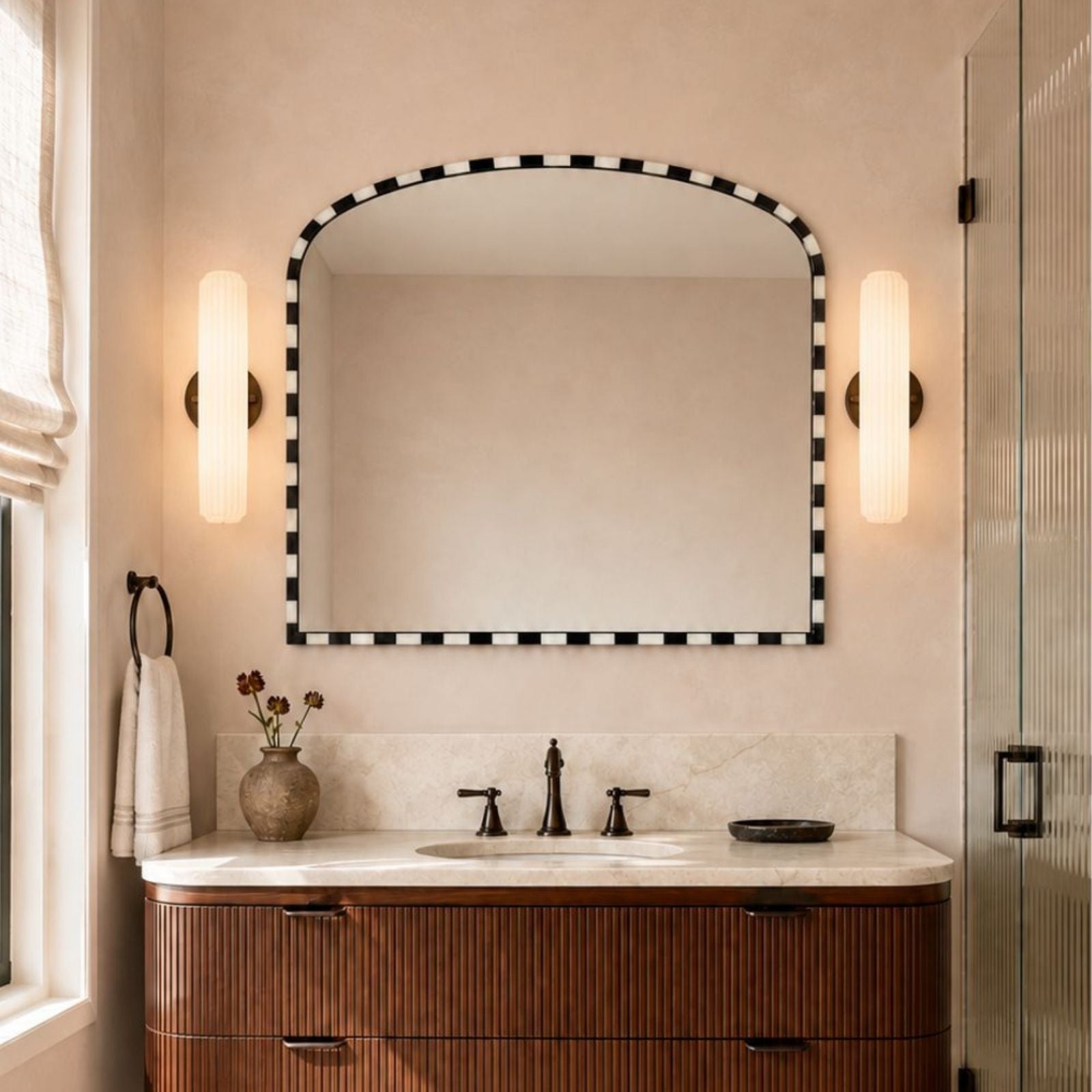 TEHOME LuluReal Marble Arched Mantel Mirror in Bold Black and White Checkerboard Pattern 31x37''