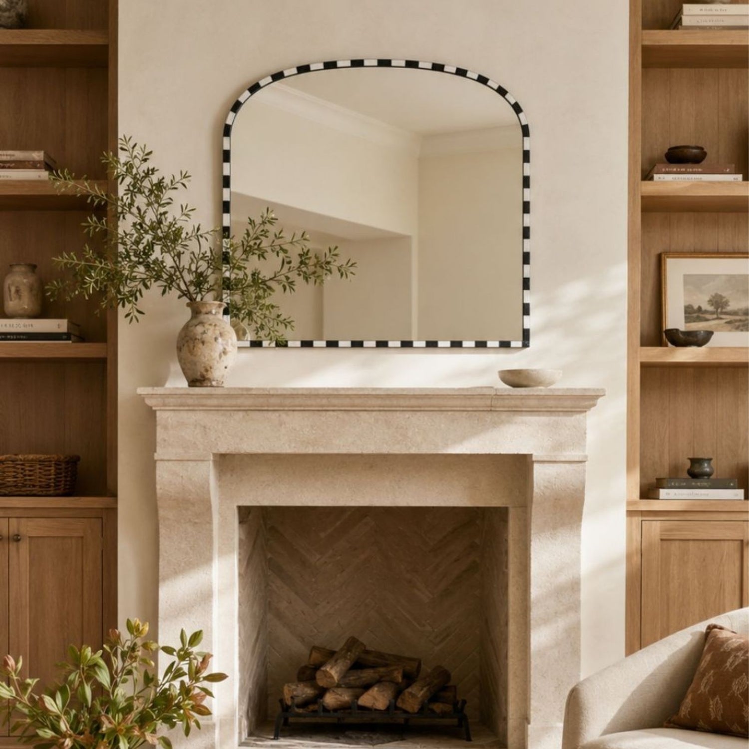 TEHOME Lulu 31x37'' Vintage Arched Mantel Mirror, Natural Marble Framed Wall Mirror, Black and White