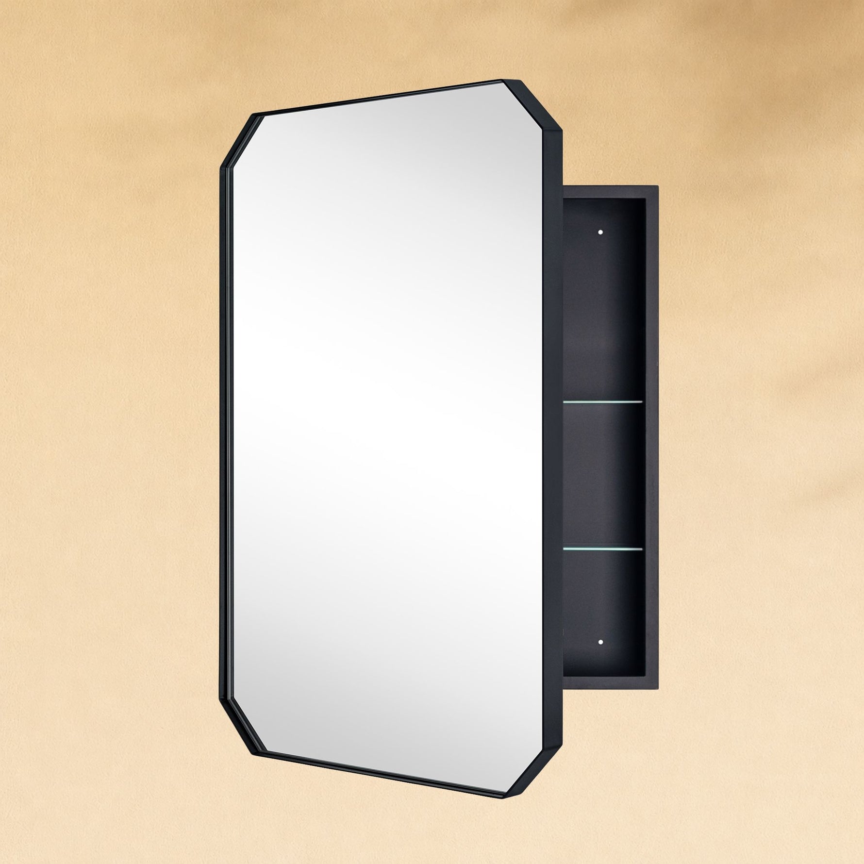 TEHOME Maeleigh Modern Octagon Recessed and Surface Mount Bathroom Medicine Cabinet with Mirrors, 18x26" in Black,Side View2