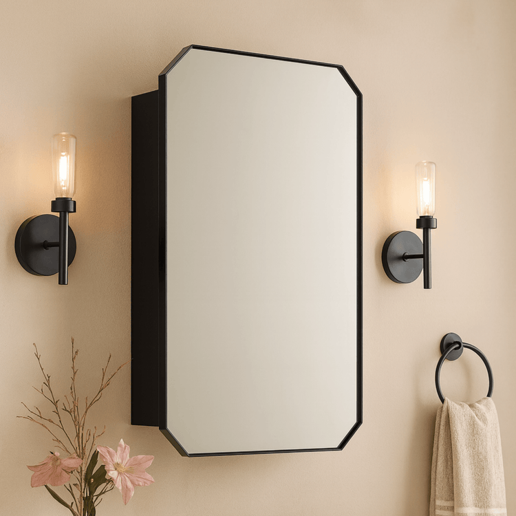 TEHOME Maeleigh Modern Octagon Recessed and Surface Mount Bathroom Medicine Cabinet with Mirrors, 18x26" in Black