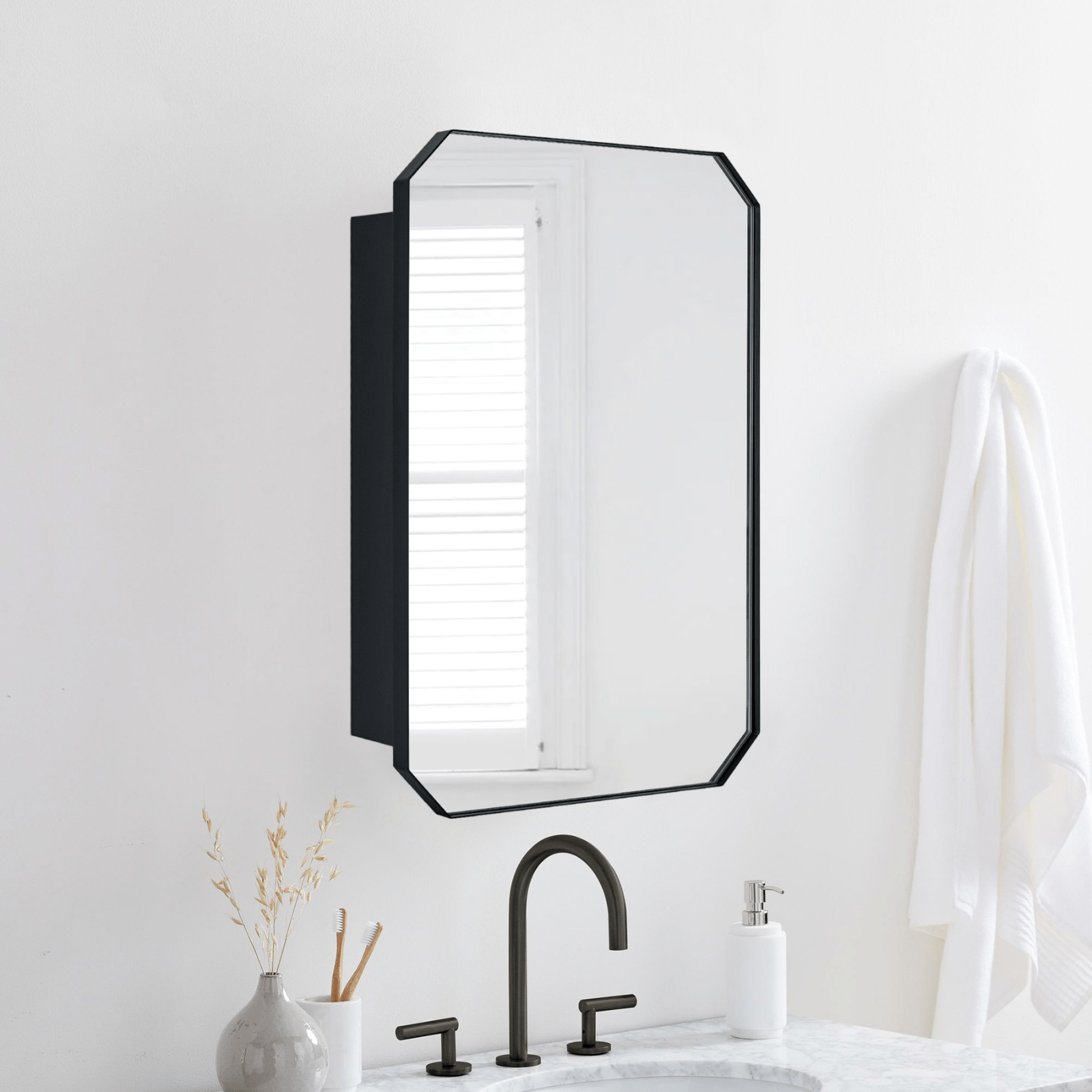 Maeleigh Modern Octagon Recessed and Surface Mount Bathroom Medicine Cabinet with Mirrors, 18x26" in Black GC-00761 TEHOME