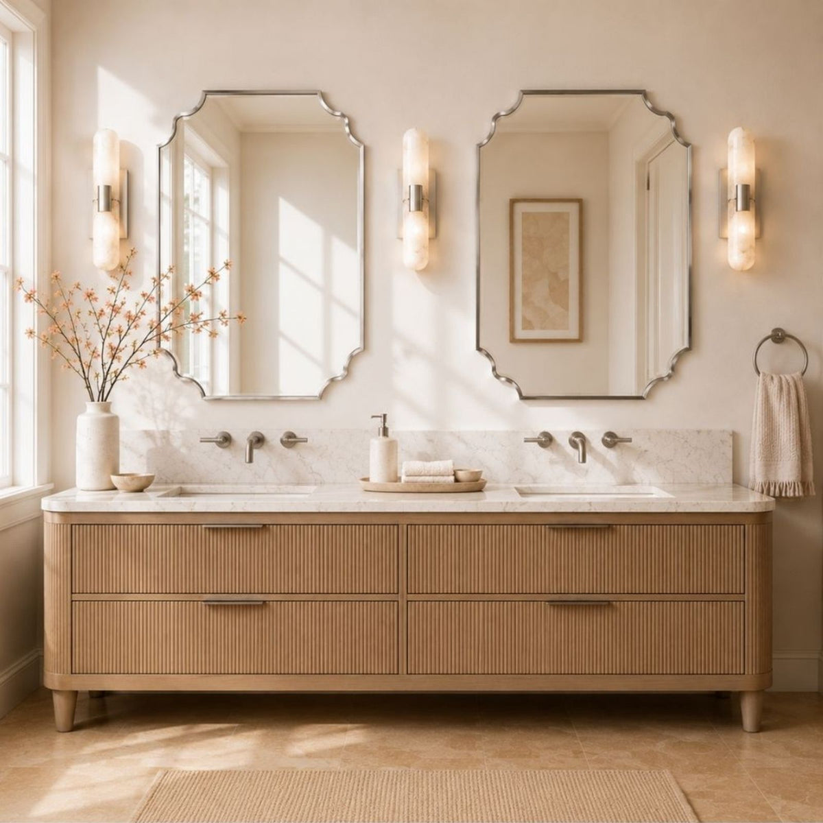 TEHOME Marin Polished Nickel 24x32 Scalloped Arch Bathroom Vanity Wall Mirror Double Vanity Front View