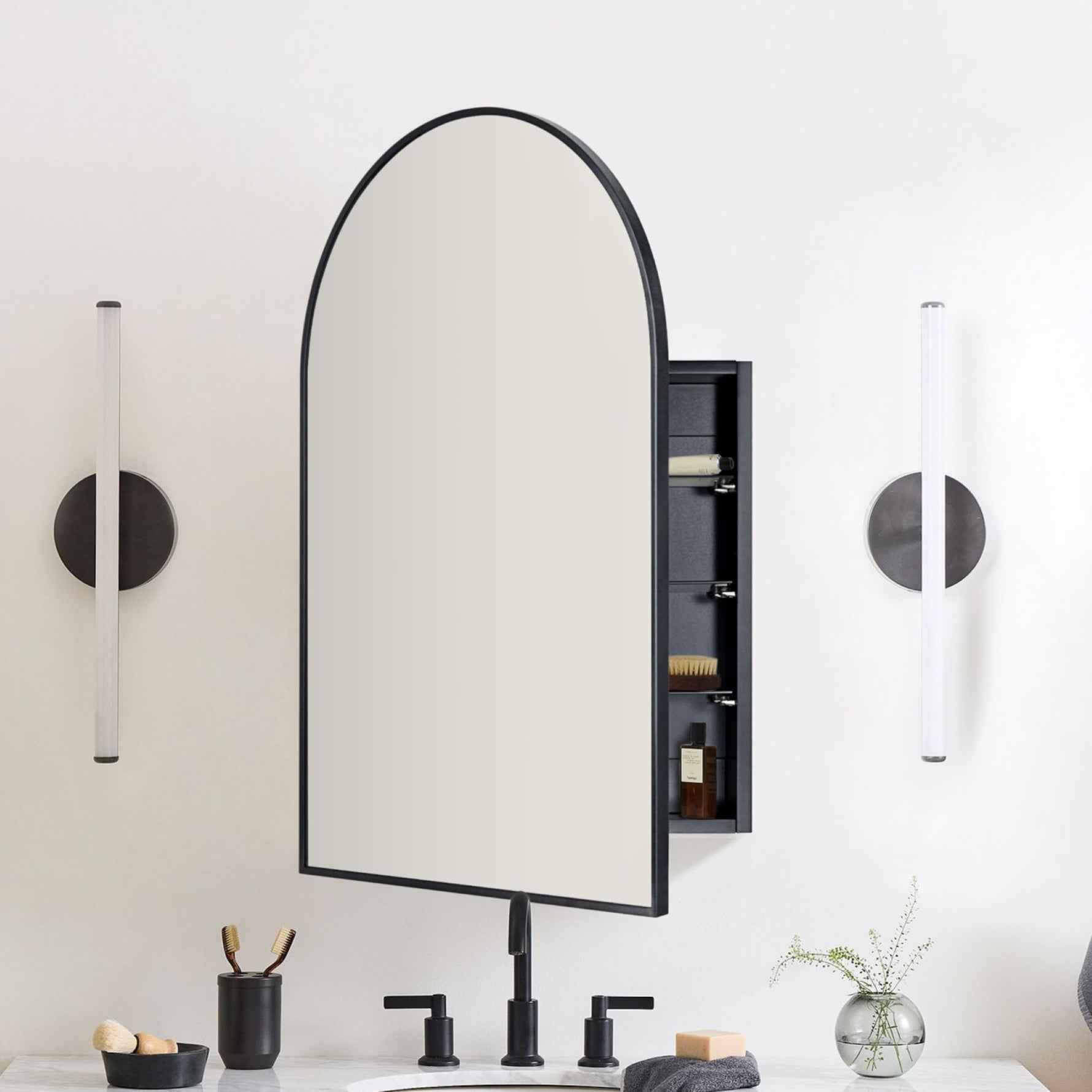 Dake Modern Arch Recessed and Surface Mount Bathroom Medicine Cabinet with Mirrors GC-XB0027 Black 24x36" TEHOME