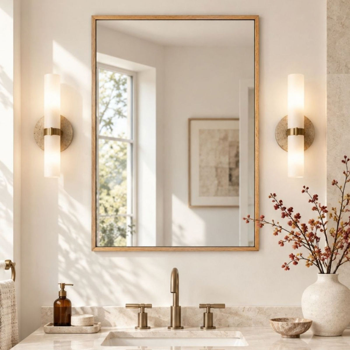TEHOME Oakmont Light Oak 24x32''Rectangle Wooden Framed Bathroom Mirrors Front View