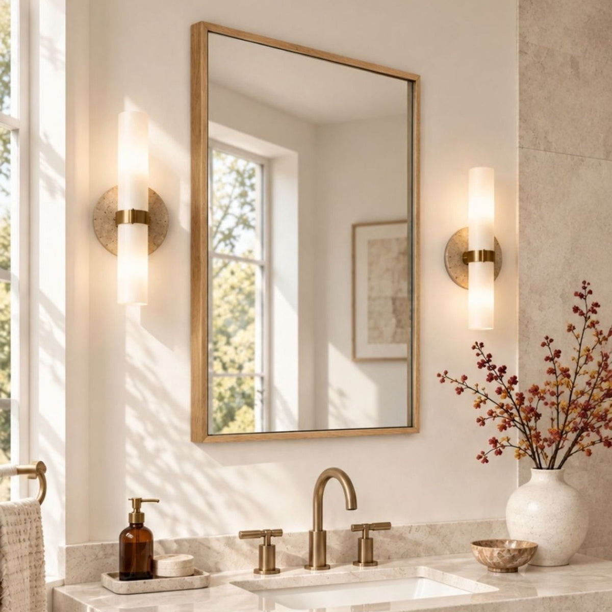 TEHOME Oakmont Light Oak 24x32''Rectangle Wooden Framed Bathroom Mirrors Side View
