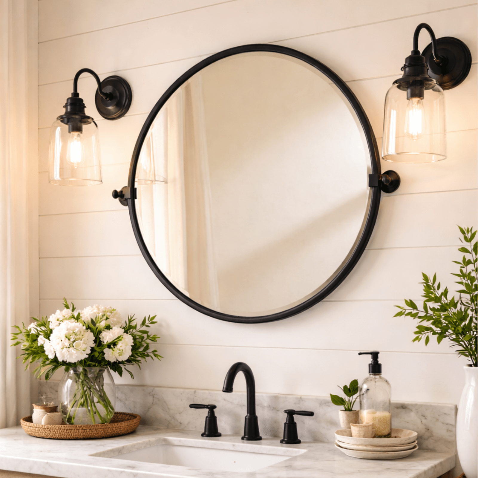 Opeline Farmhouse Round Bathroom Pivot Mirrors, 26" Dia in Black GC-00130 TEHOME