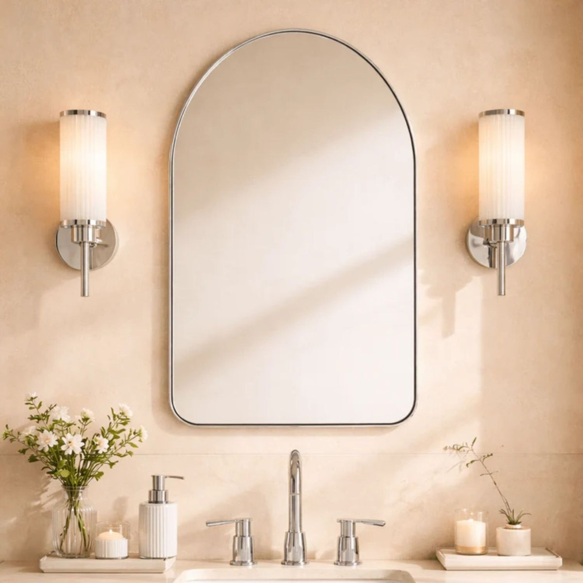 TEHOME Ophira Brushed Nickel 21x30'' Modern Arch Bathroom Mirrors Front View