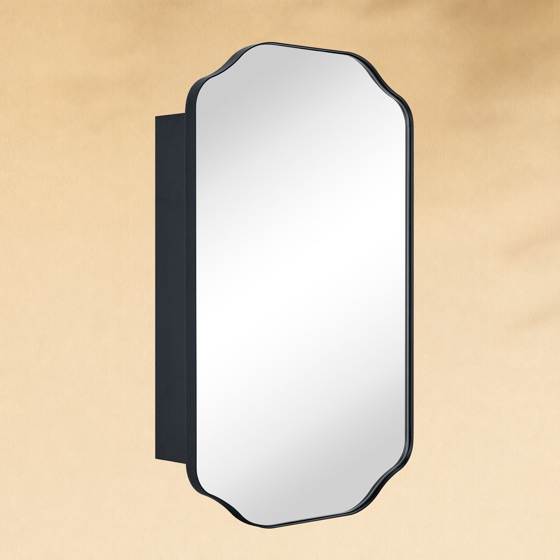 TEHOME Osterhus Modern Scalloped Recessed and Surface Mount Bathroom Medicine Cabinet with Mirrors, Black Finish,18x29",Side View1
