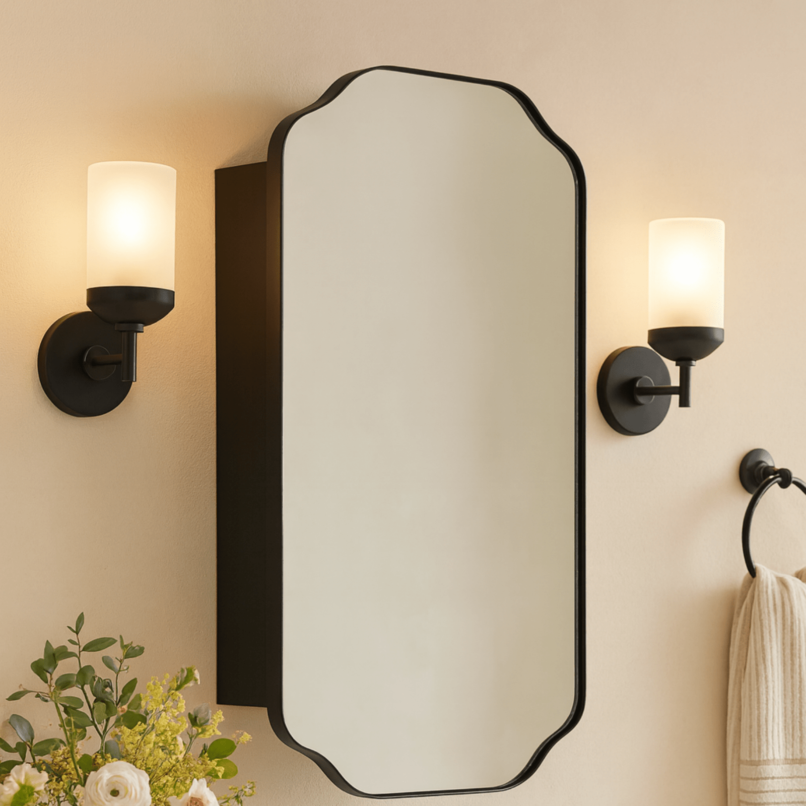 Osterhus Modern Scalloped Recessed and Surface Mount Bathroom Medicine Cabinet with Mirrors, 18x29" in Black GC-00760 TEHOME