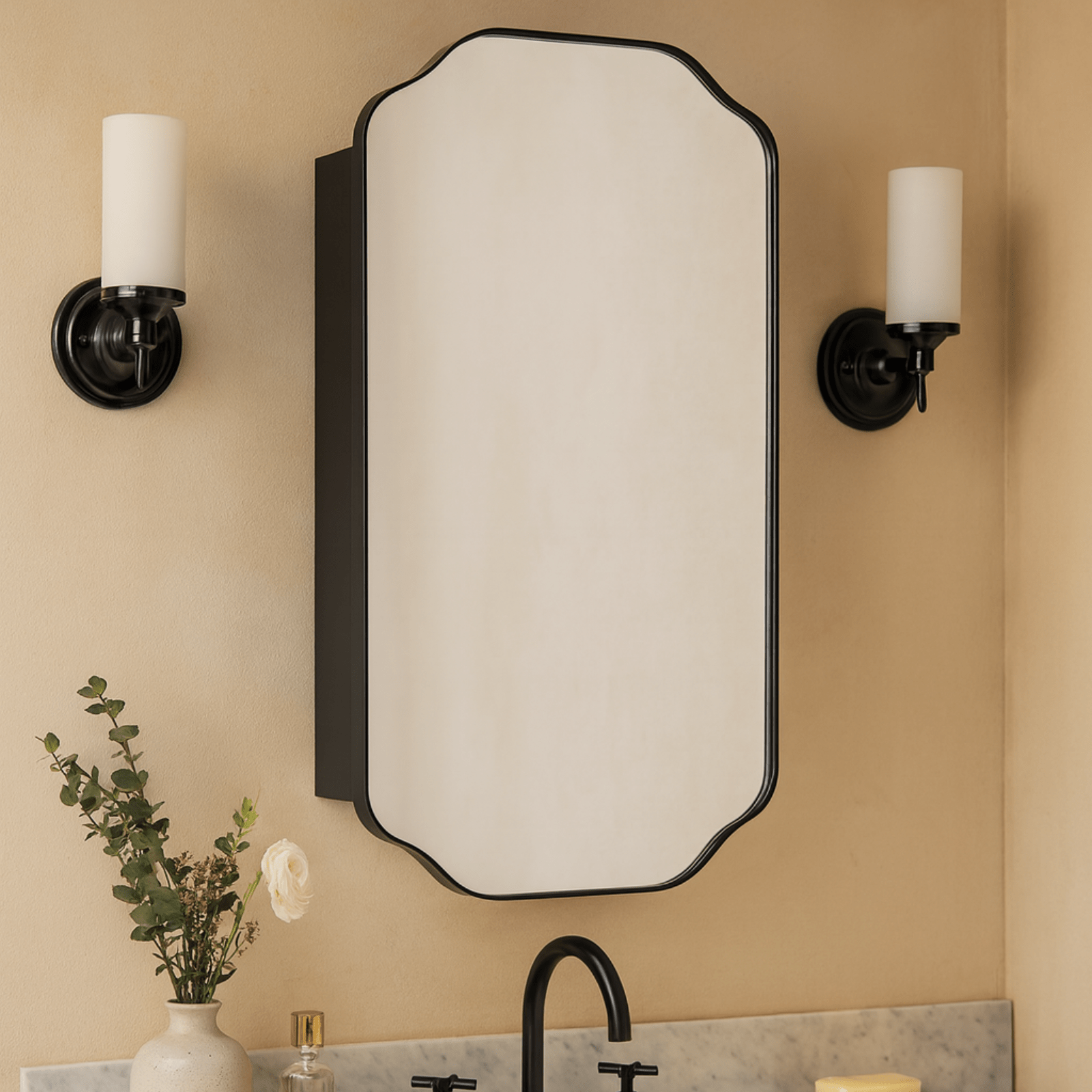 Osterhus Modern Scalloped Recessed and Surface Mount Bathroom Medicine Cabinet with Mirrors, 18x29" in Black GC-00760 TEHOME