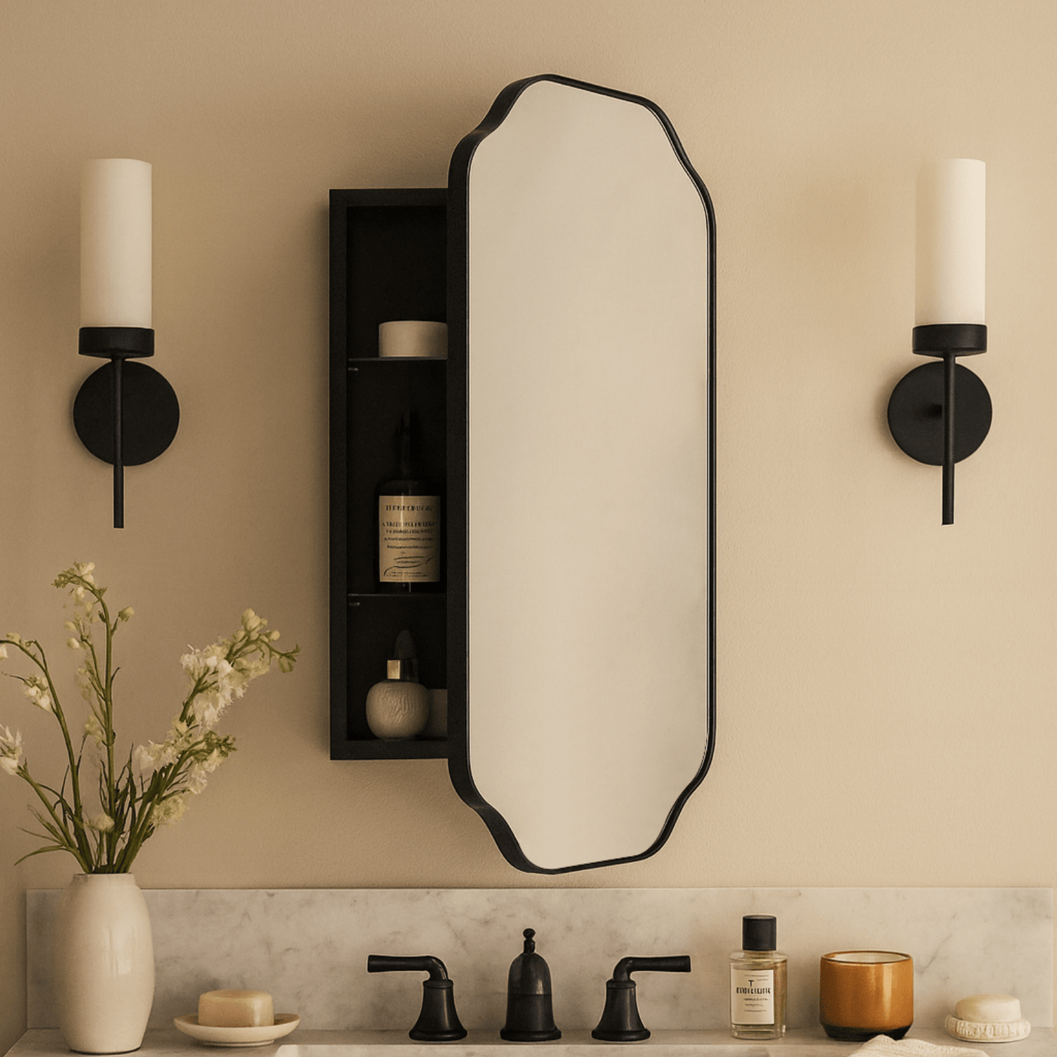 Osterhus Modern Scalloped Recessed and Surface Mount Bathroom Medicine Cabinet with Mirrors, 18x29" in Black GC-00760 TEHOME