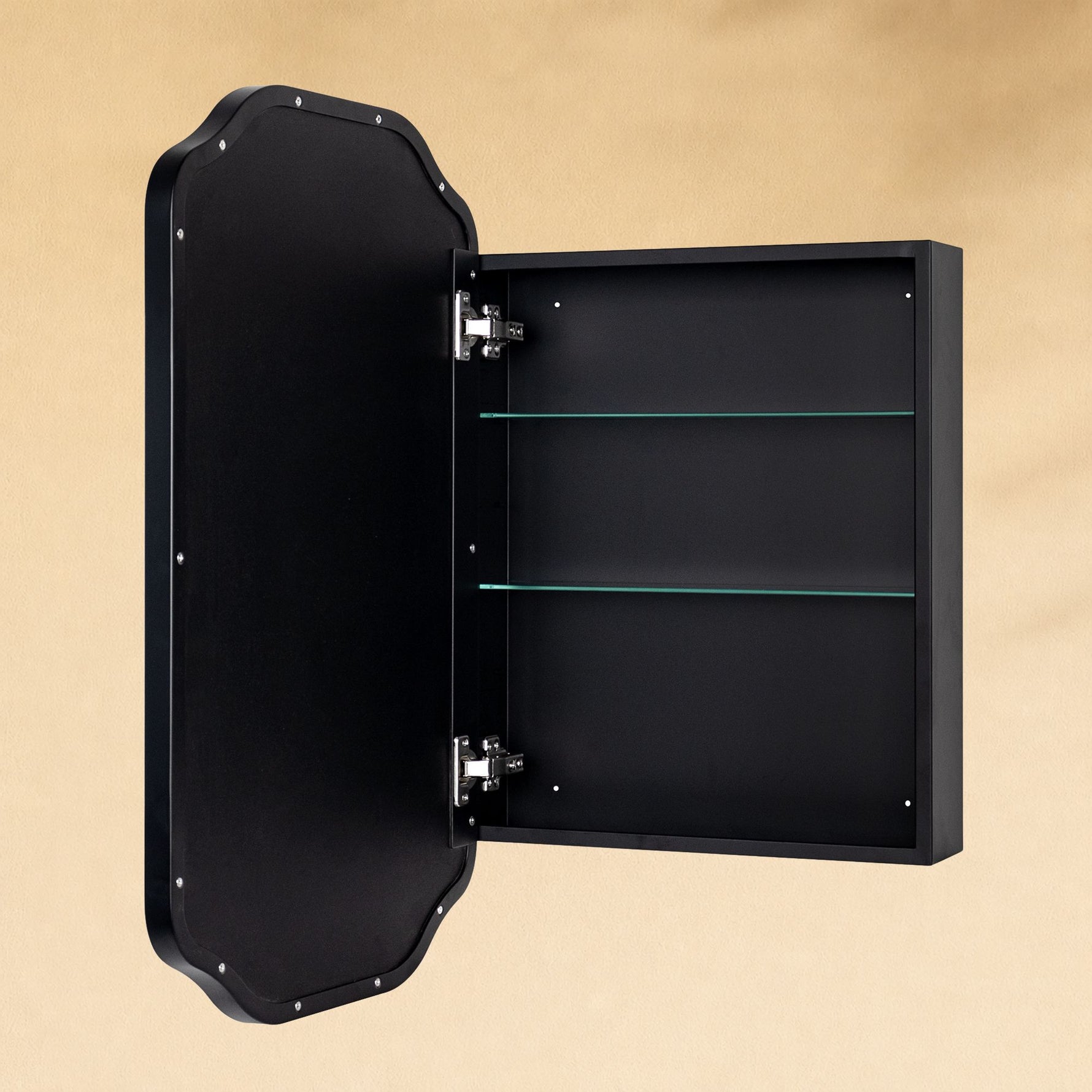TEHOME Osterhus Modern Scalloped Recessed and Surface Mount Bathroom Medicine Cabinet with Mirrors, Black Finish,18x29",detail View2