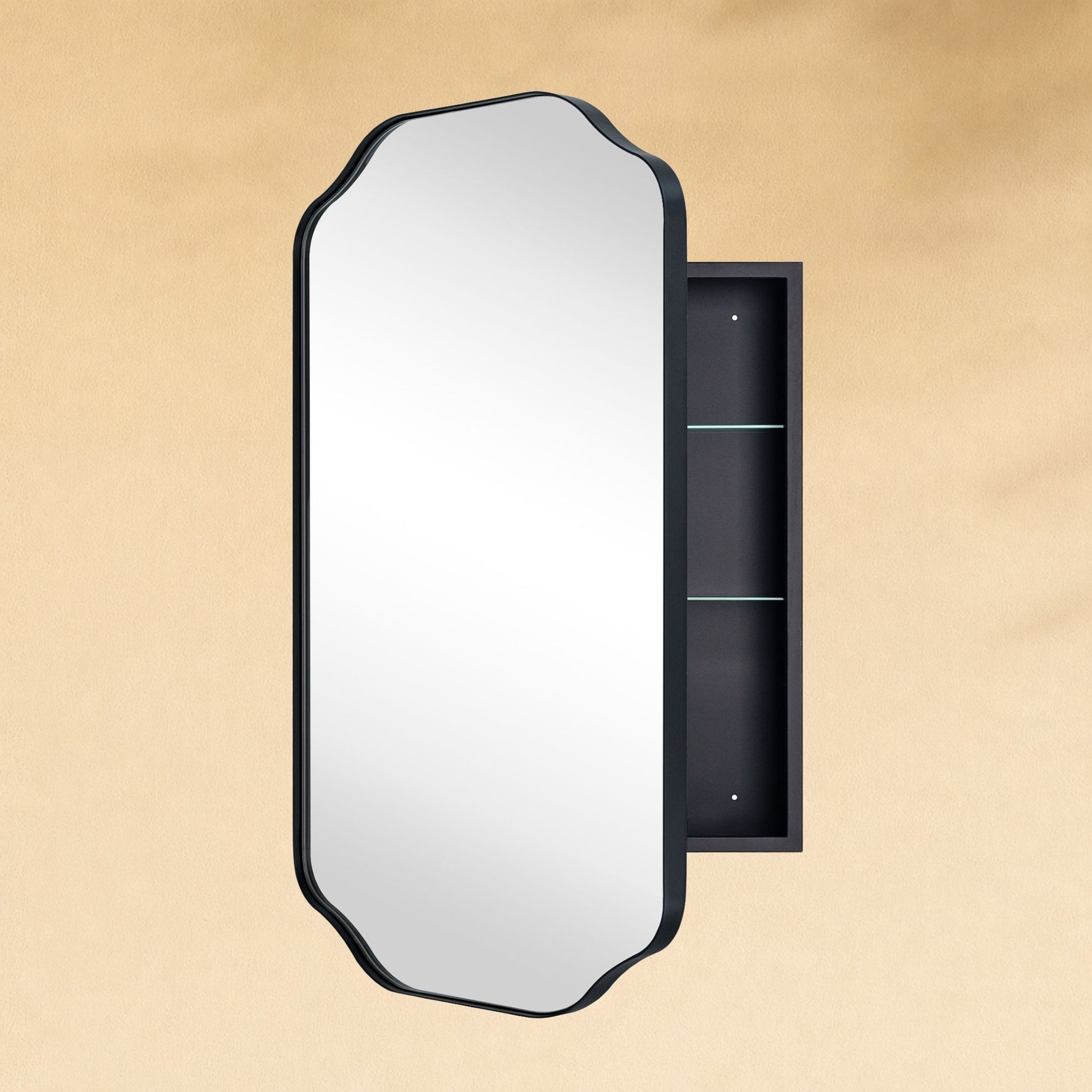 TEHOME Osterhus Modern Scalloped Recessed and Surface Mount Bathroom Medicine Cabinet with Mirrors, Black Finish,18x29",Side View2