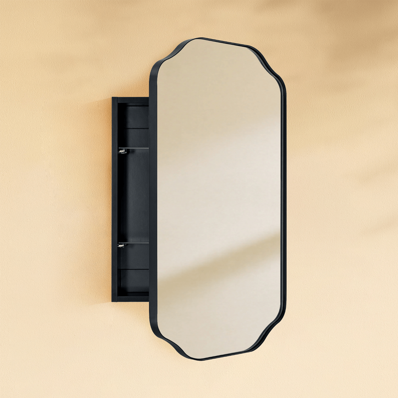 Osterhus Modern Scalloped Recessed and Surface Mount Bathroom Medicine Cabinet with Mirrors, 18x29" in Black GC-00760 TEHOME