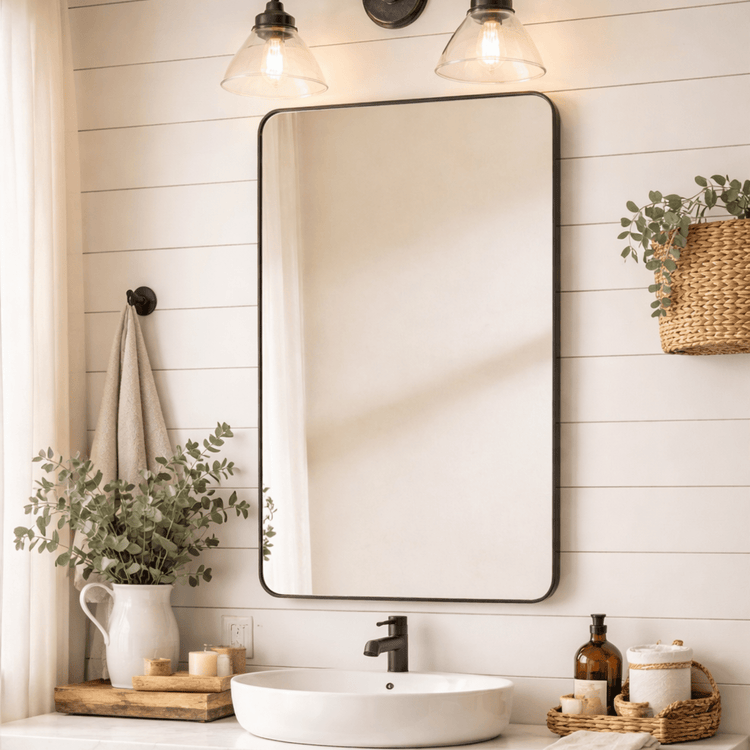 Primrose Modern Rectangle Large Wall Mirrors with Rounded Corners GC-00789 24x40" Black TEHOME
