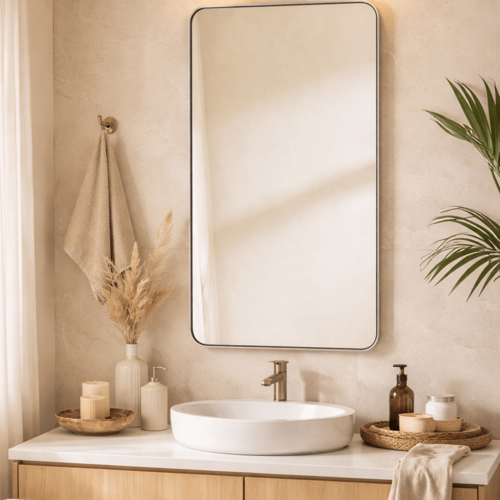 Primrose Modern Rectangle Large Wall Mirrors with Rounded Corners GC-00789 24x40" Black TEHOME