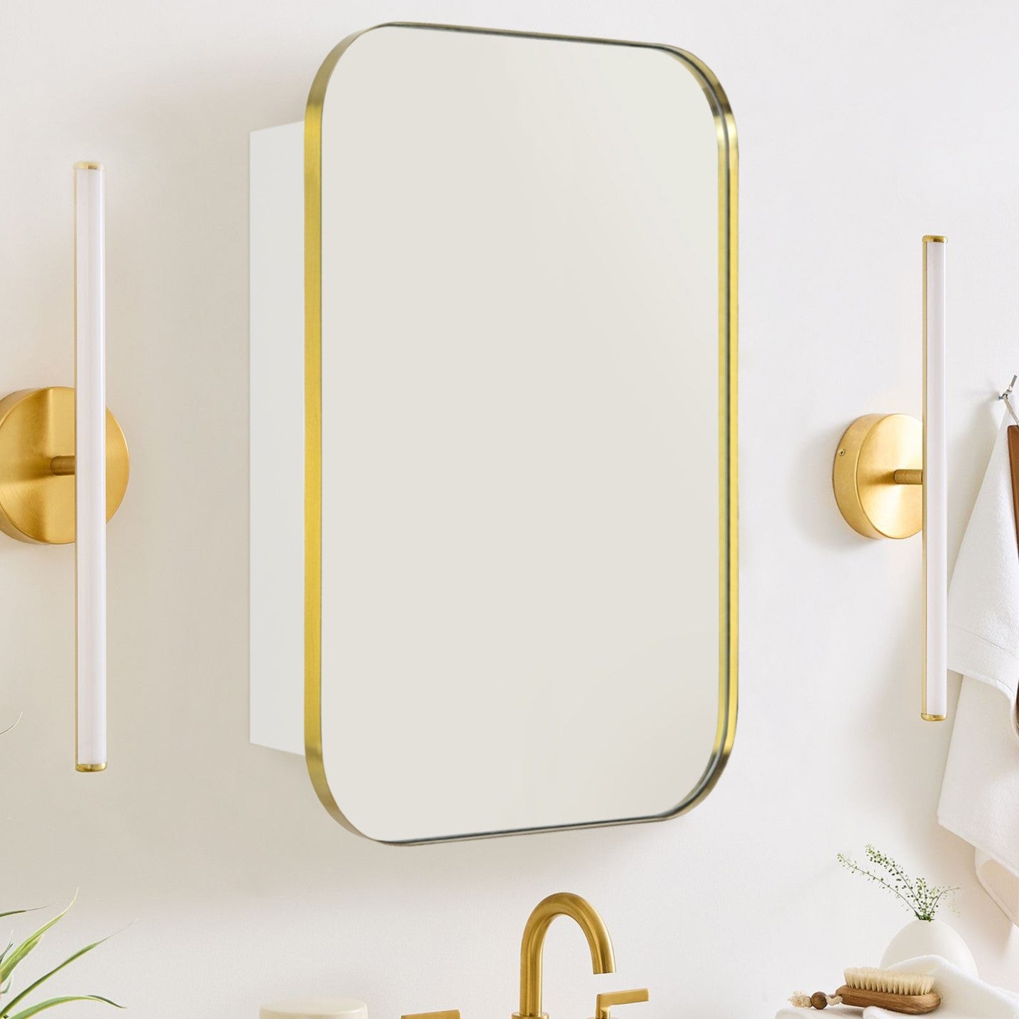 Mileta Mid - century Rectangle Recessed and Surface Mount Bathroom Medicine Cabinet with Mirrors GC-XB0016 Brushed Gold 22x30" TEHOME