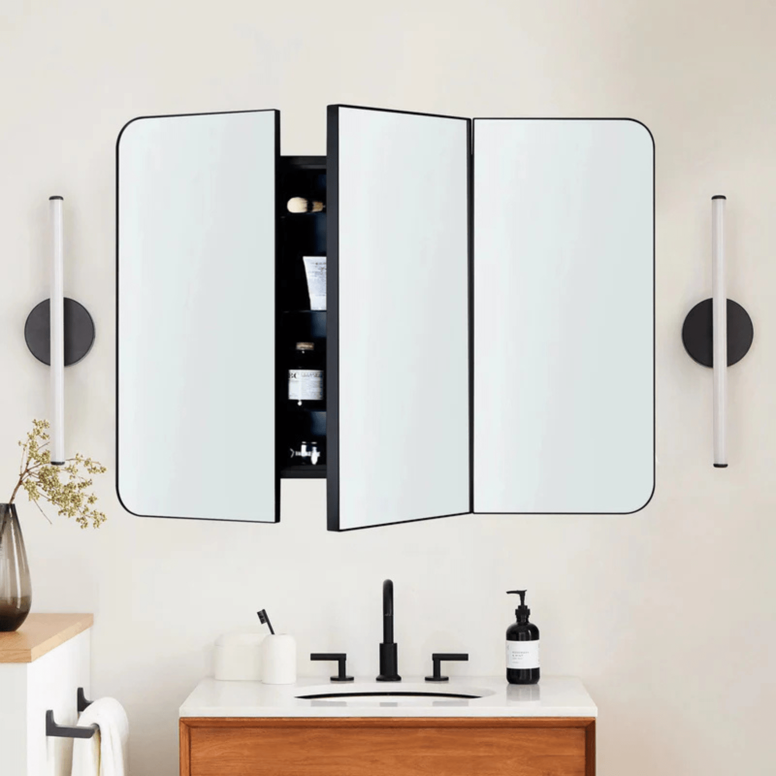 Ronelda Modern Rectangle Recessed and Surface Mount Bathroom Medicine Cabinet with Mirrors, Triple Door, 36x26" in Black GC-00737 TEHOME
