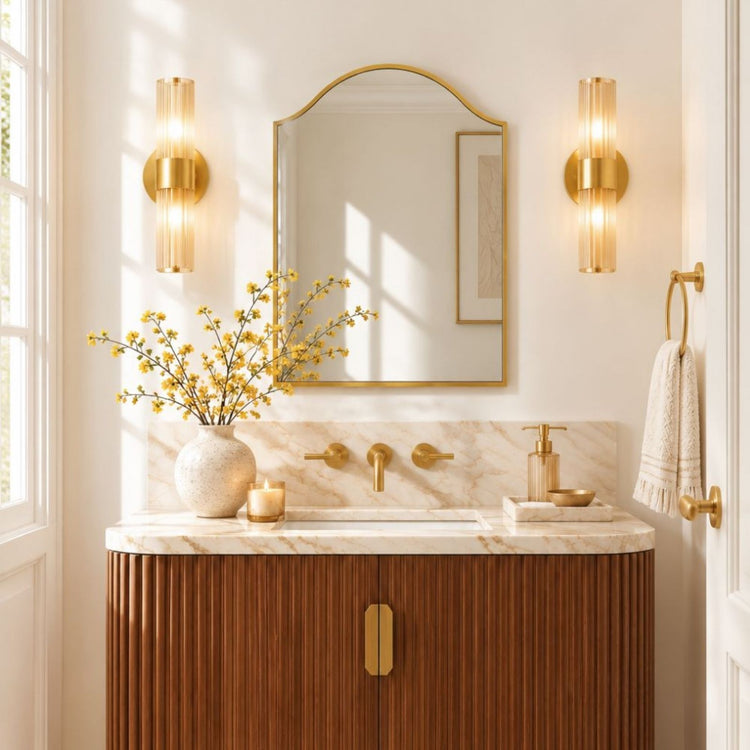 TEHOME Sasi Modern Scalloped Bathroom Mirror with Curved Arch Top Metal Frame in Brushed Gold Finish, 24'' x 32'', Single Vanity Front View