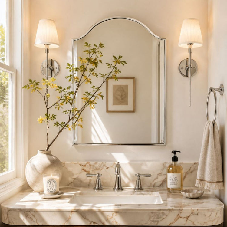 TEHOME Sasi Modern Scalloped Bathroom Mirror with Curved Arch Top Metal Frame in Brushed Nickel Finish, 24'' x 32'', Single Vanity Front View