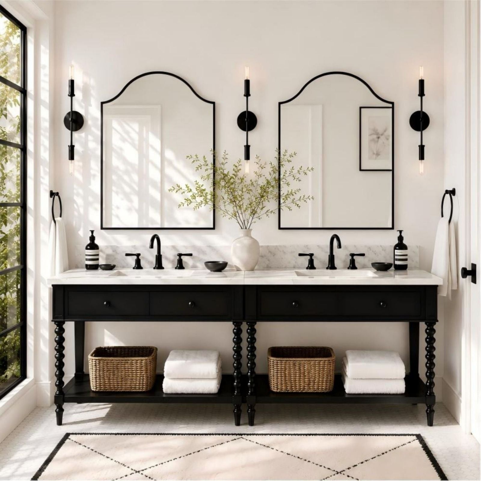 TEHOME Sasi Modern Scalloped Bathroom Mirror with Curved Arch Top Metal Frame in Matt Black Finish, 24'' x 32'', Double Vanity Front View