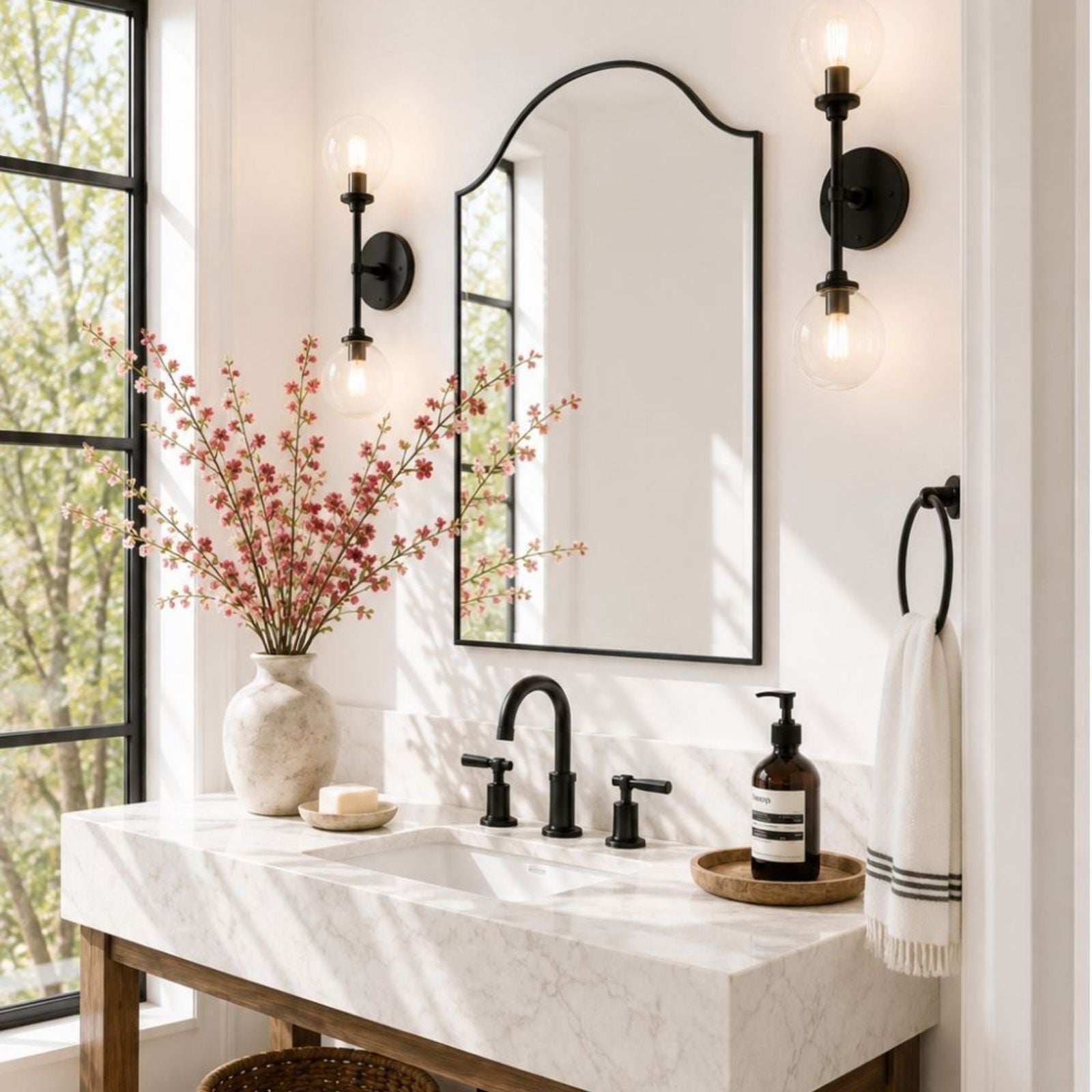 TEHOME Sasi Modern Scalloped Bathroom Mirror with Curved Arch Top Metal Frame in Matt Black Finish, Single Vanity Side View