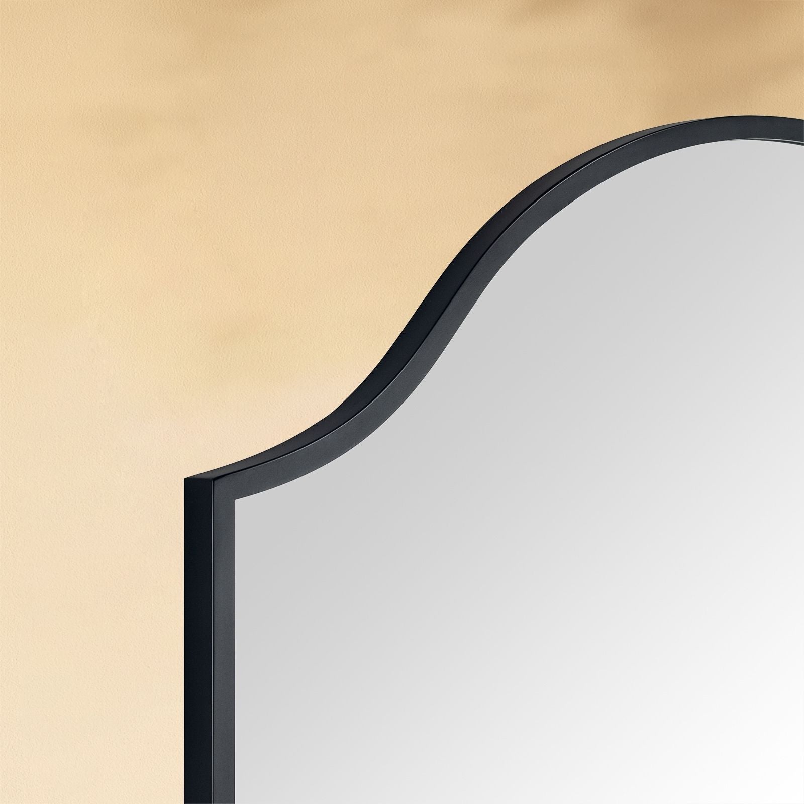 TEHOME Sasi Modern Scalloped Bathroom Mirror with Curved Arch Top Metal Frame in Matt Black Finish Detail View1