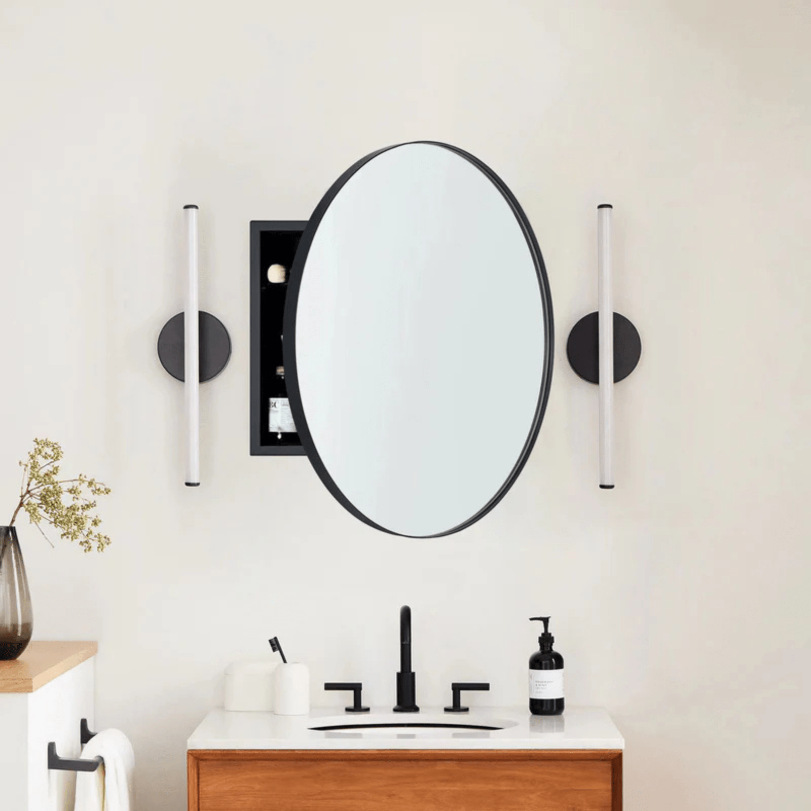 Seenaa Modern Round Surface Mount Bathroom Medicine Cabinet with Mirrors GC-00602 Black 24"Dia TEHOME