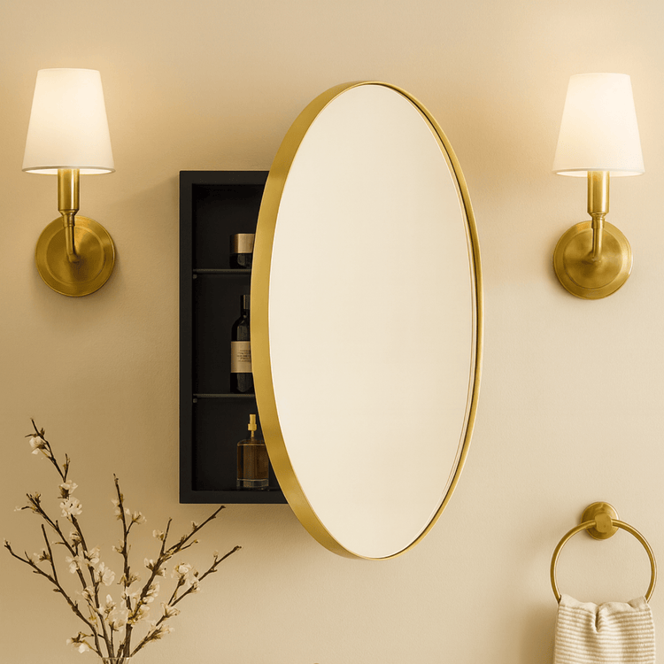 Seenaa Modern Round Surface Mount Bathroom Medicine Cabinet with Mirrors GC-00602 Brushed Gold 24"Dia TEHOME