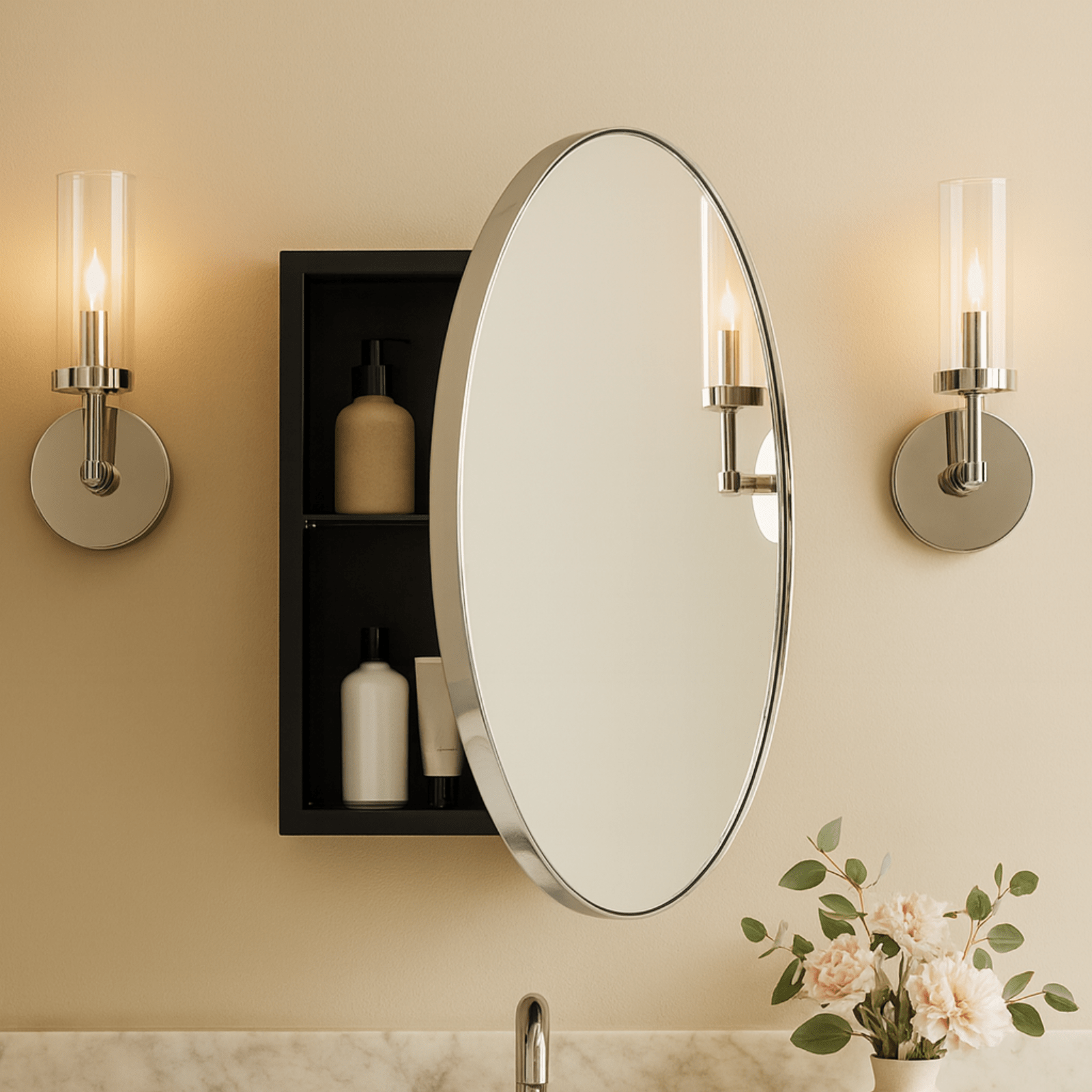 Seenaa Modern Round Surface Mount Bathroom Medicine Cabinet with Mirrors GC-00770 Brushed Nickel 24"Dia TEHOME