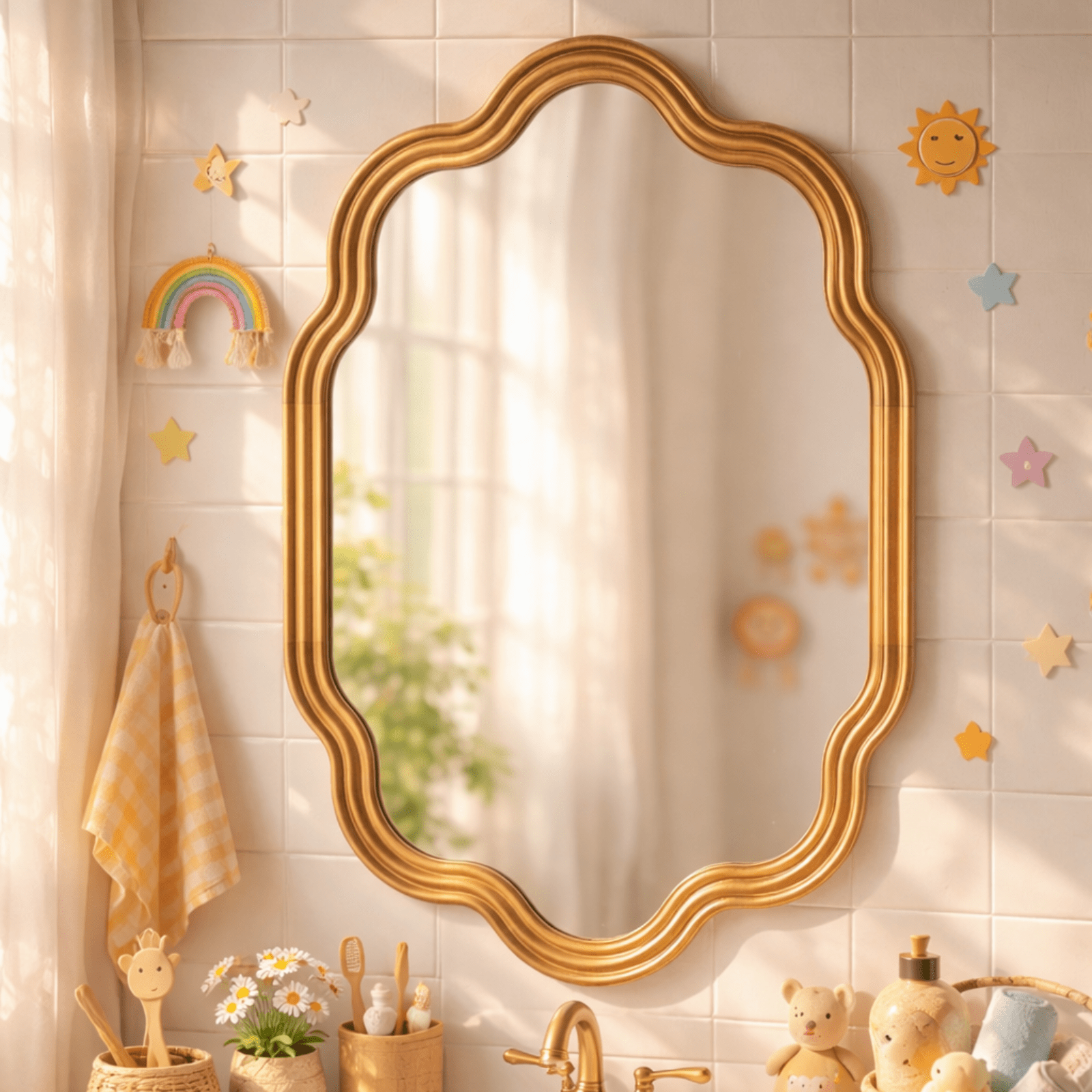 Solace Vintage Scalloped Mirrors, Natural Wood Framed Wall Mirrors,24x36" GC-JDC003 TEHOME
