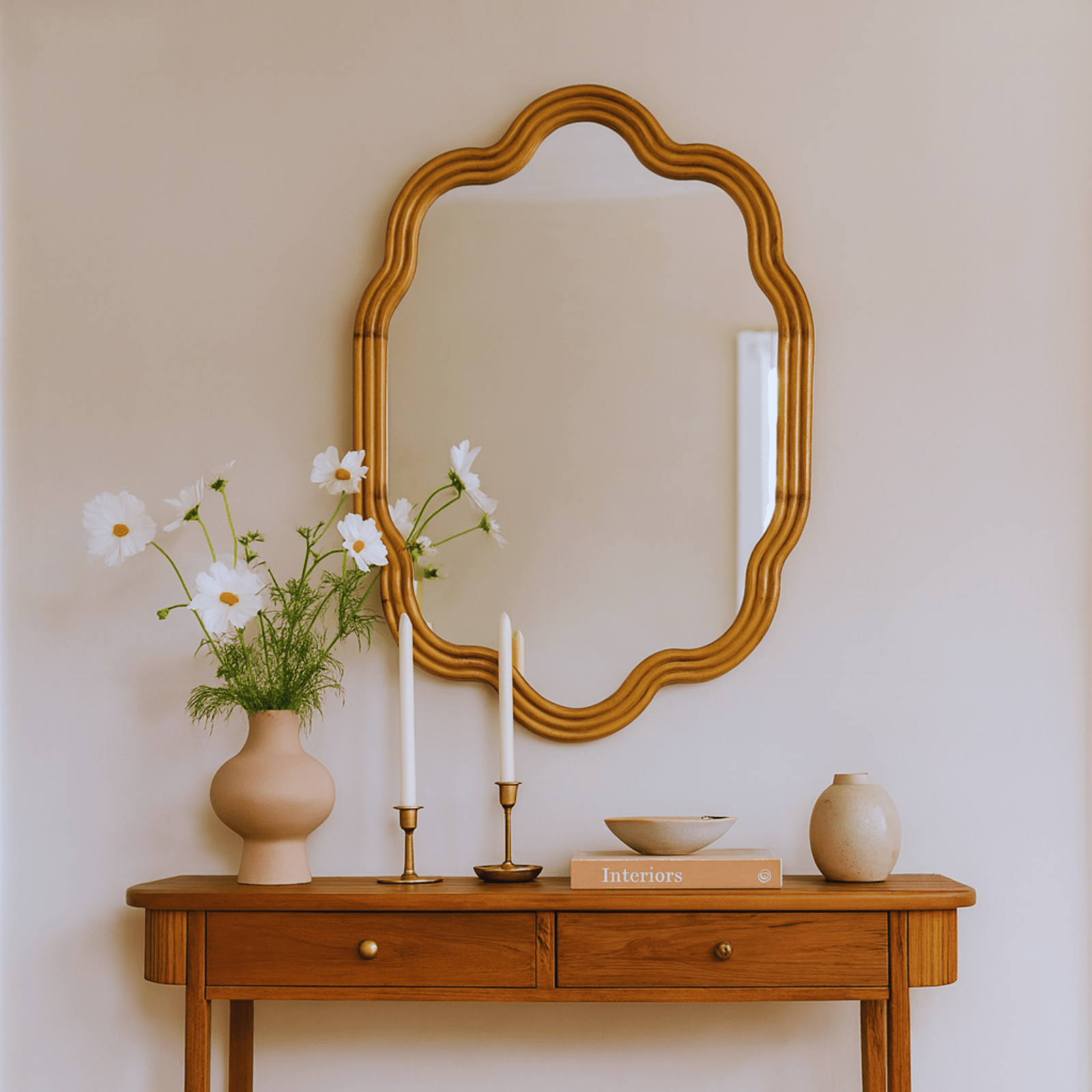 Solace Vintage Scalloped Mirrors, Natural Wood Framed Wall Mirrors,24x36" GC-JDC003 TEHOME