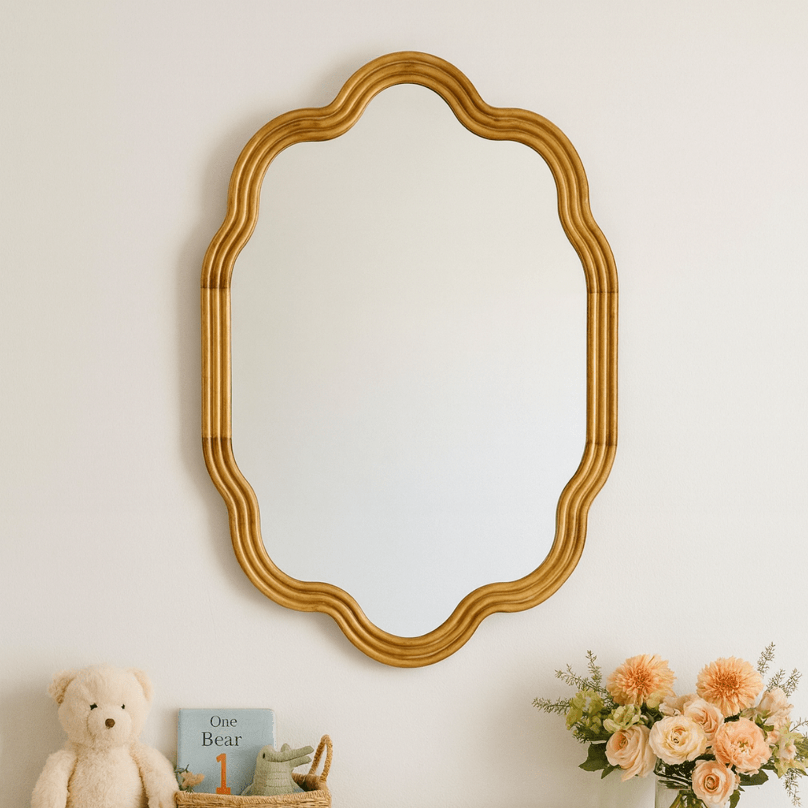 Solace Vintage Scalloped Mirrors, Natural Wood Framed Wall Mirrors,24x36" GC-JDC003 TEHOME