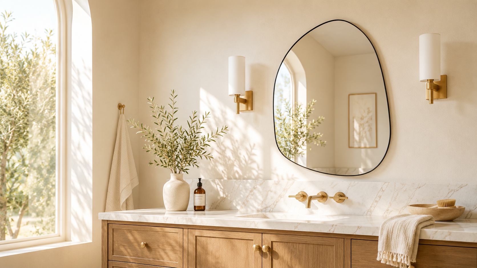 TEHOME black framed bathroom wall mirror above a double vanity