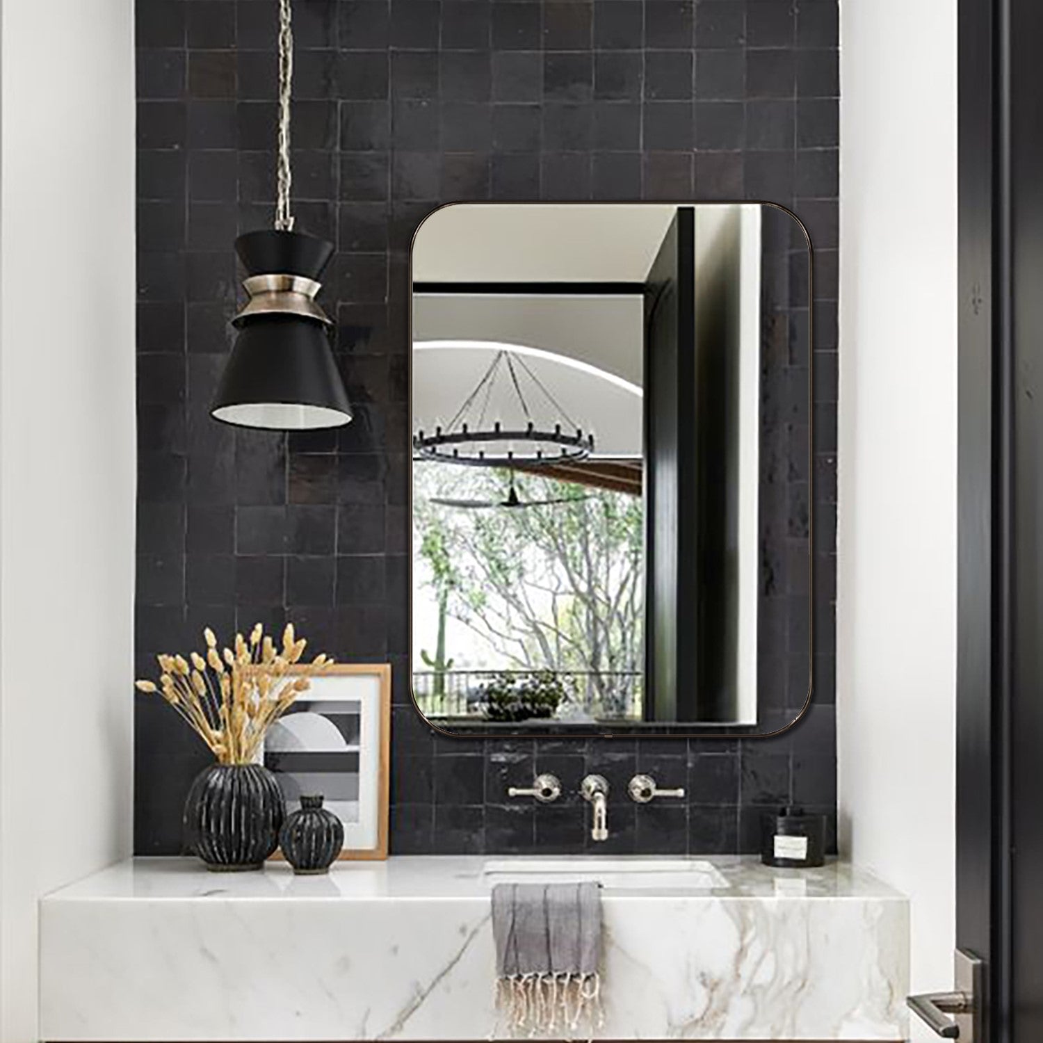 Lucia Contemporary Rounded Rectangular Framed Wall Mounted Bathroom Vanity Mirror GC-0Y312 Oil Rubbed Bronze 24x36" TEHOME