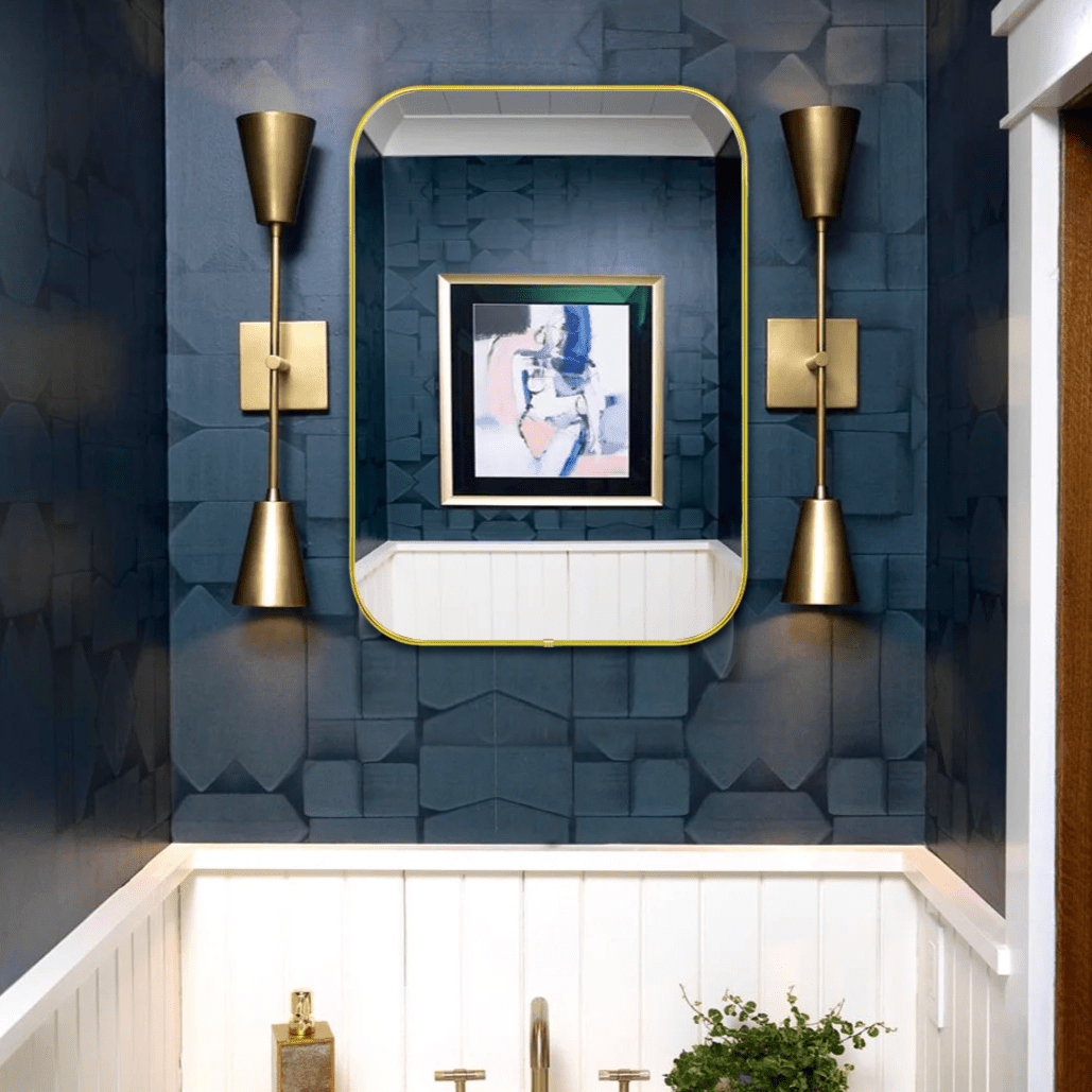 Lucia Contemporary Rounded Rectangular Framed Wall Mounted Bathroom Vanity Mirror GC-0Y307 Brushed Gold 30x22" TEHOME