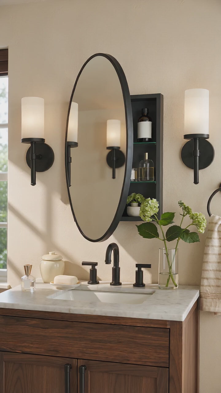 Cedar Modern Oval Surface Mount Bathroom Medicine Cabinet with Mirrors, 20x30" in Black